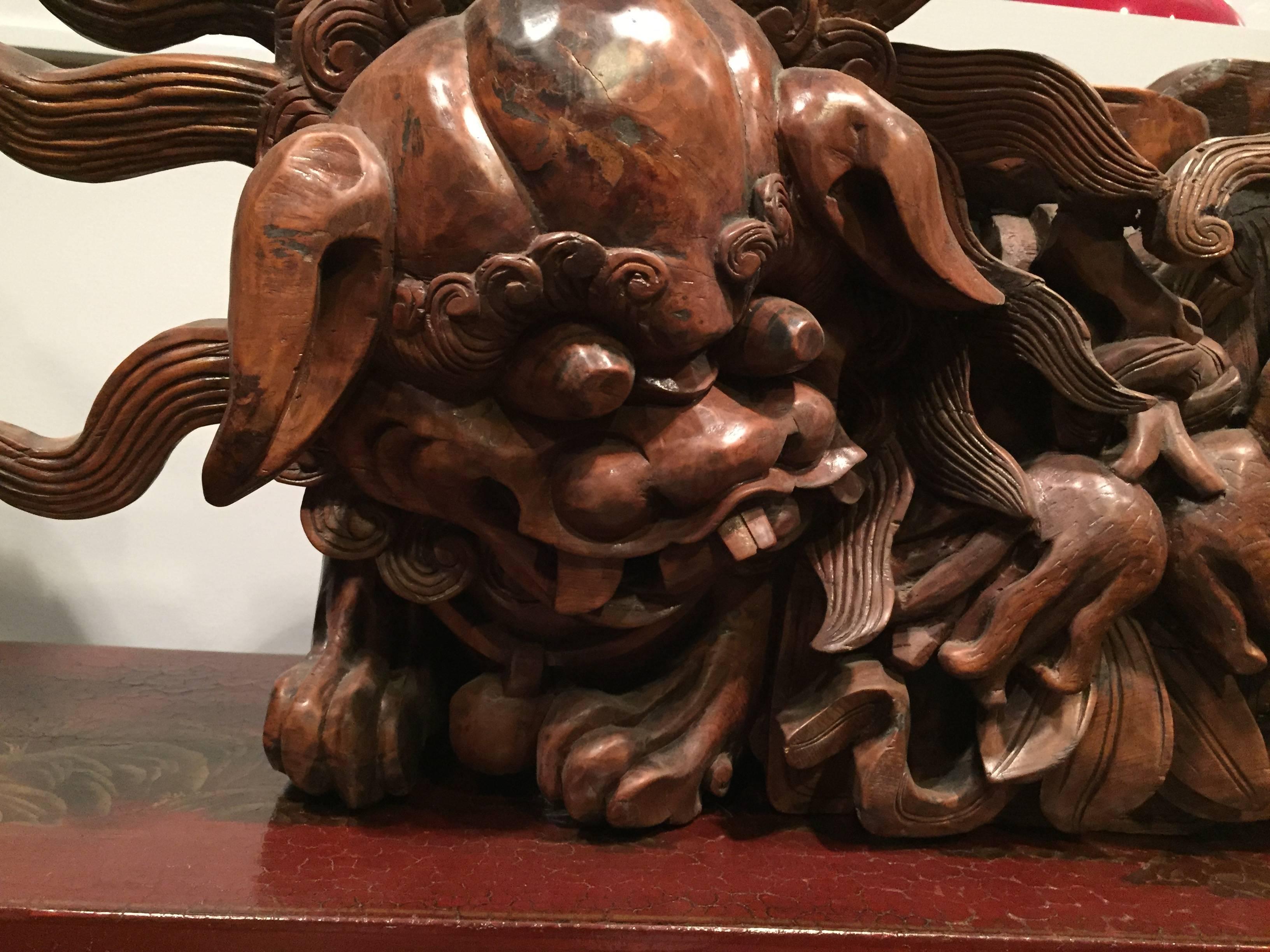 Chinese 19th Century Qing Dynasty Carved Temple Foo Dogs For Sale