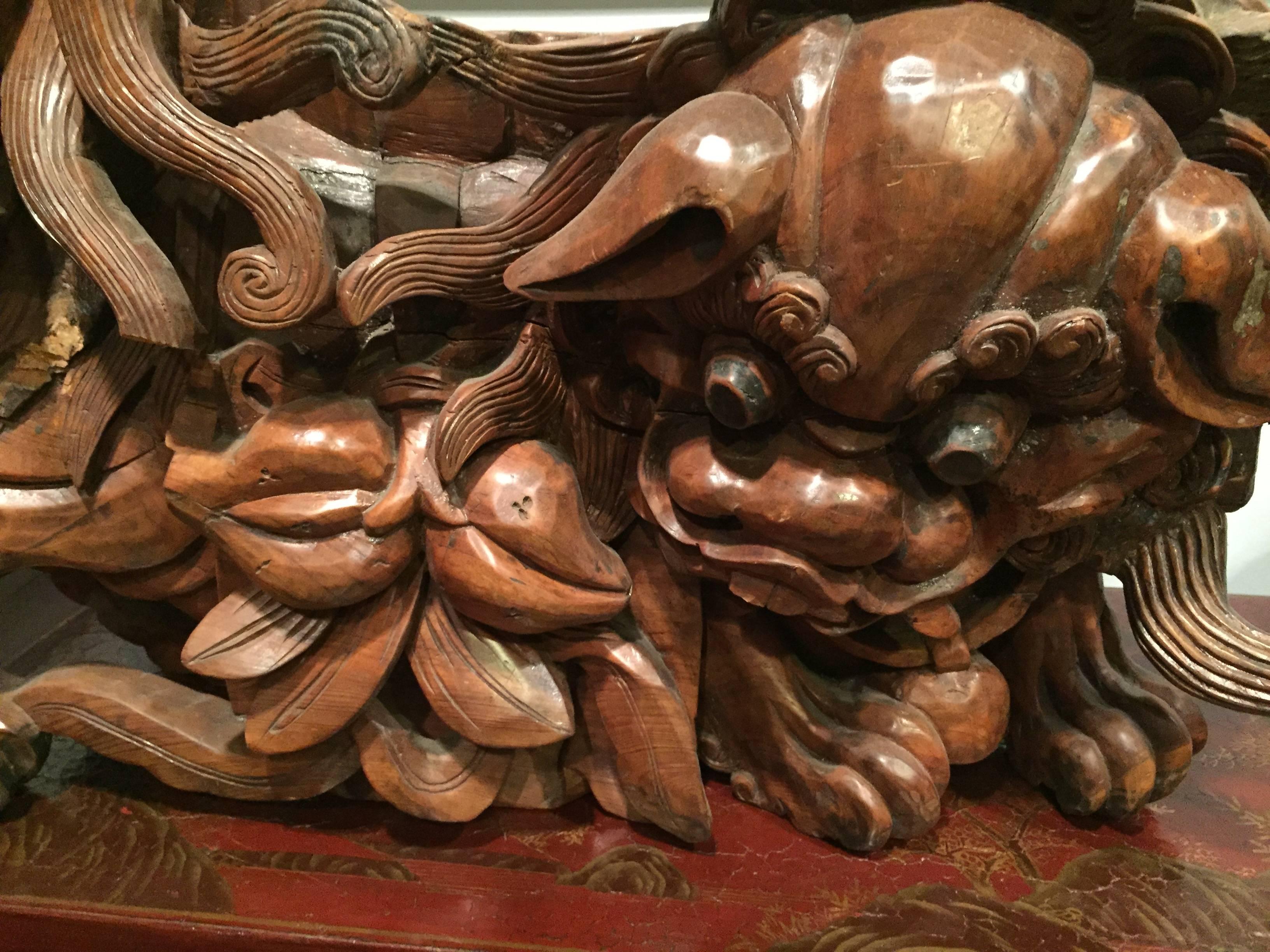 19th Century Qing Dynasty Carved Temple Foo Dogs In Fair Condition For Sale In East Hampton, NY