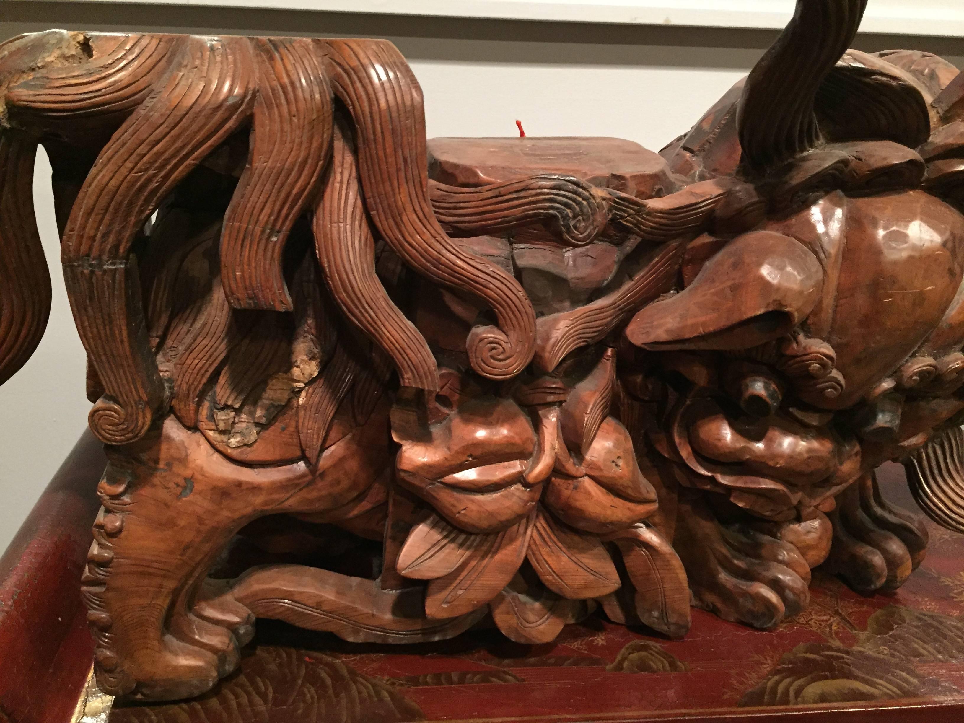 Walnut 19th Century Qing Dynasty Carved Temple Foo Dogs For Sale