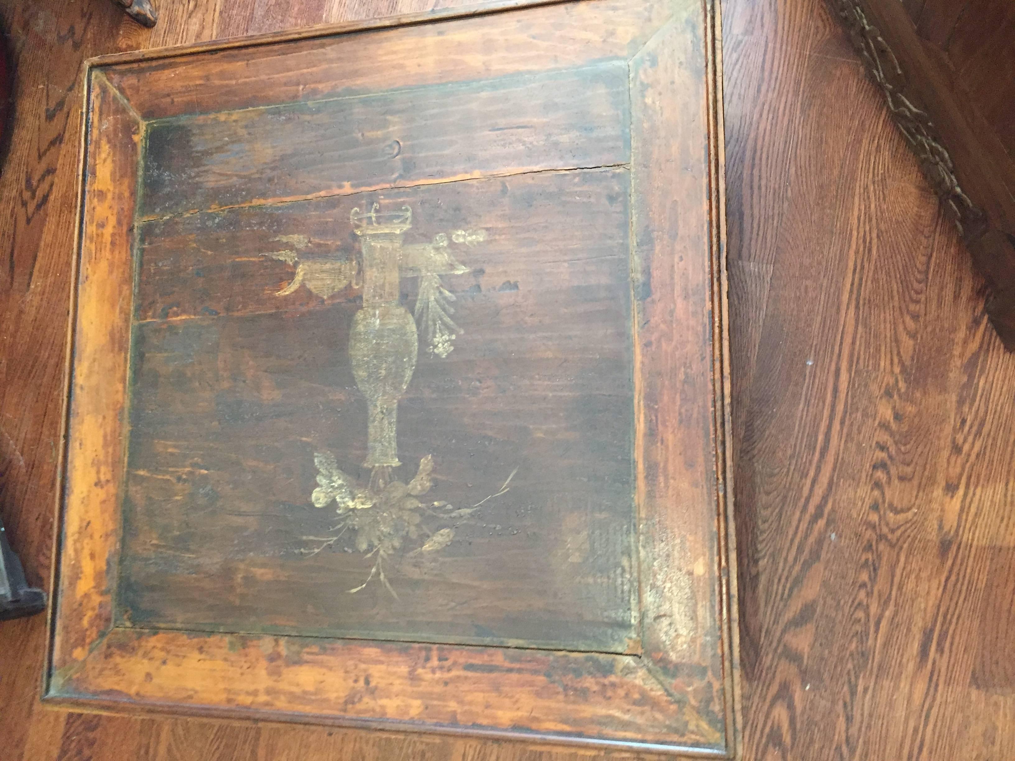 Chinese 19th Century Q’ing Dynasty Elm Kang Table with Golden Painting For Sale