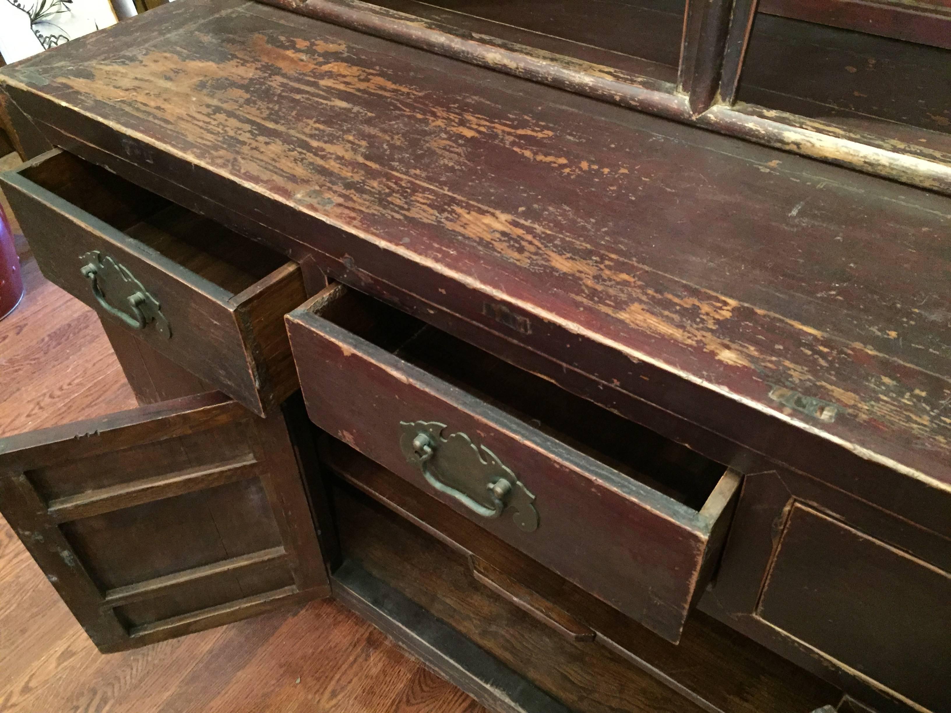 Lacquered 19th Century Qing Dynasty Unusual Shanxi Tow-Part Hutch For Sale