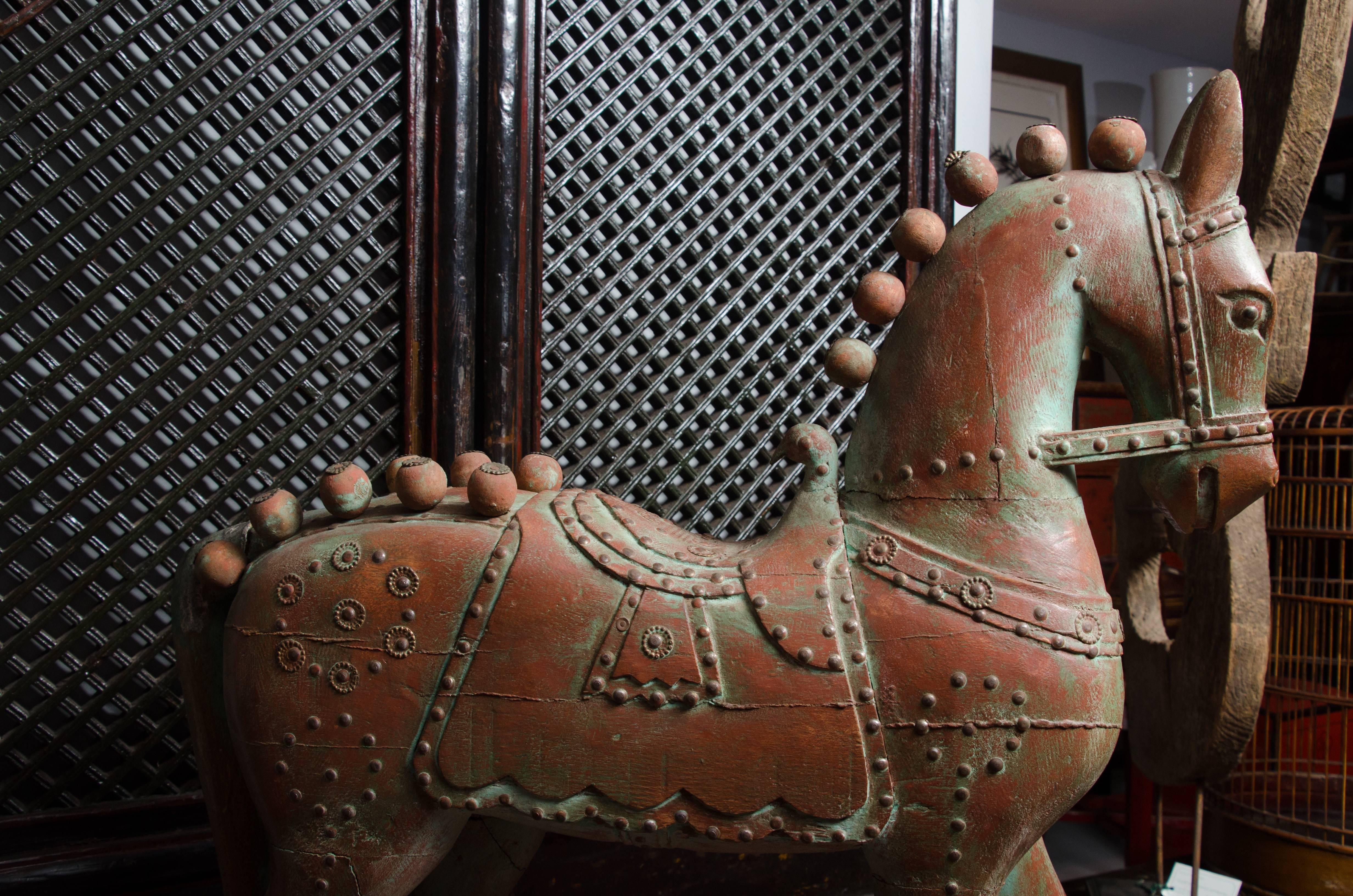 Late 19th Century Turn of the Century Indian Lacquered Temple Rolling Horse
