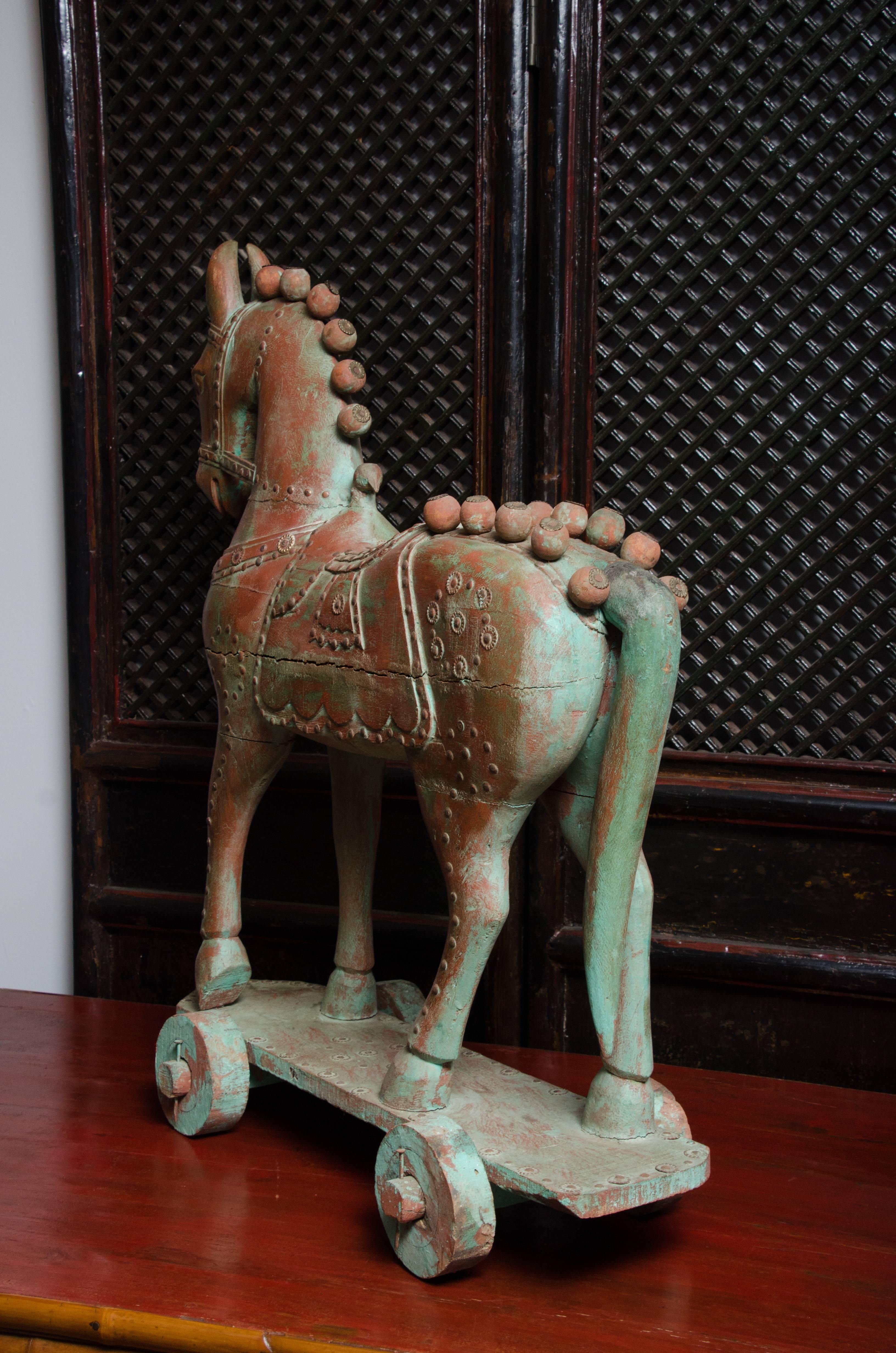 Turn of the Century Indian Lacquered Temple Rolling Horse 2