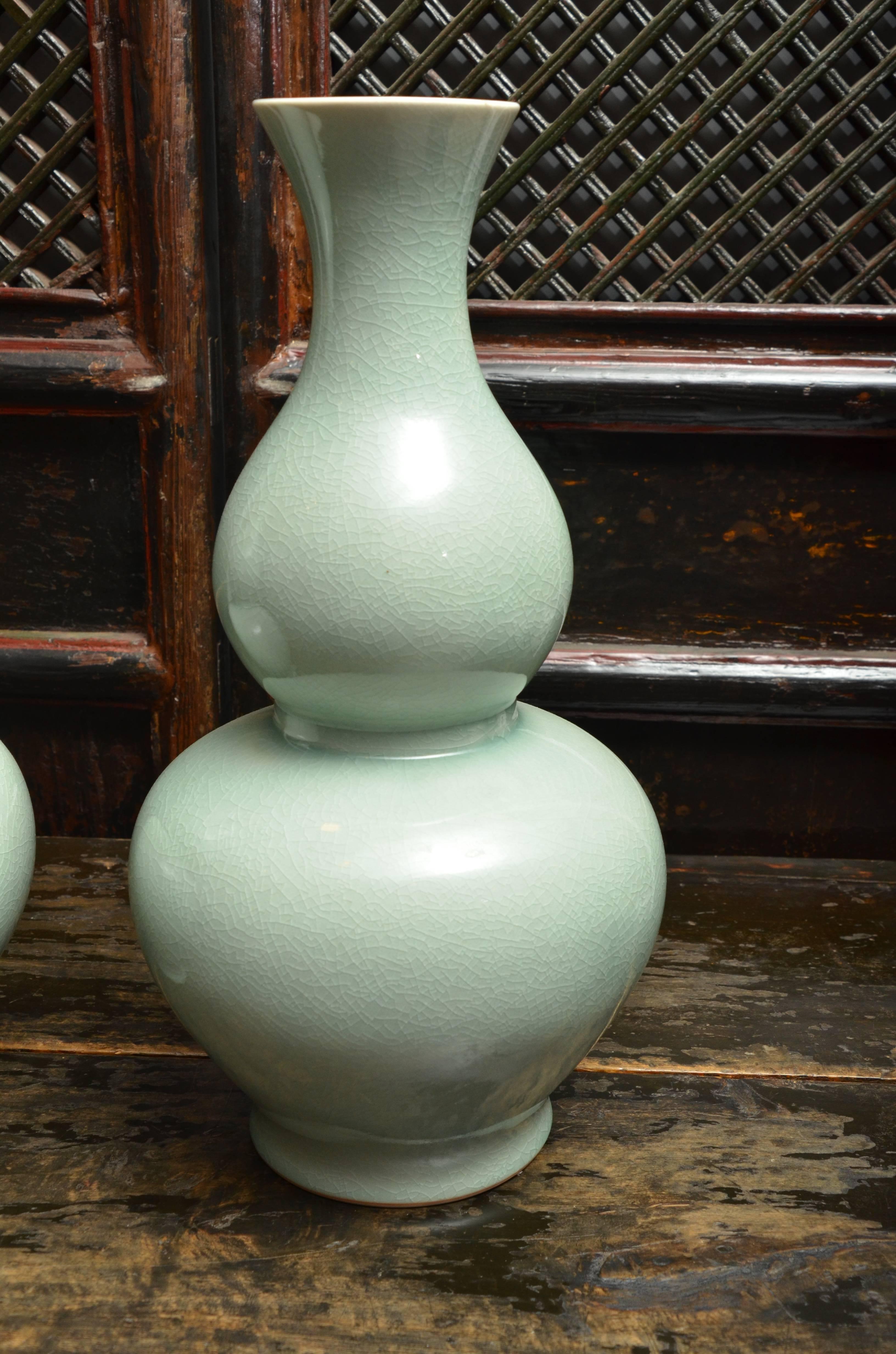 20th Century Mid Century Chinese Gourd Shaped Celadon Vases