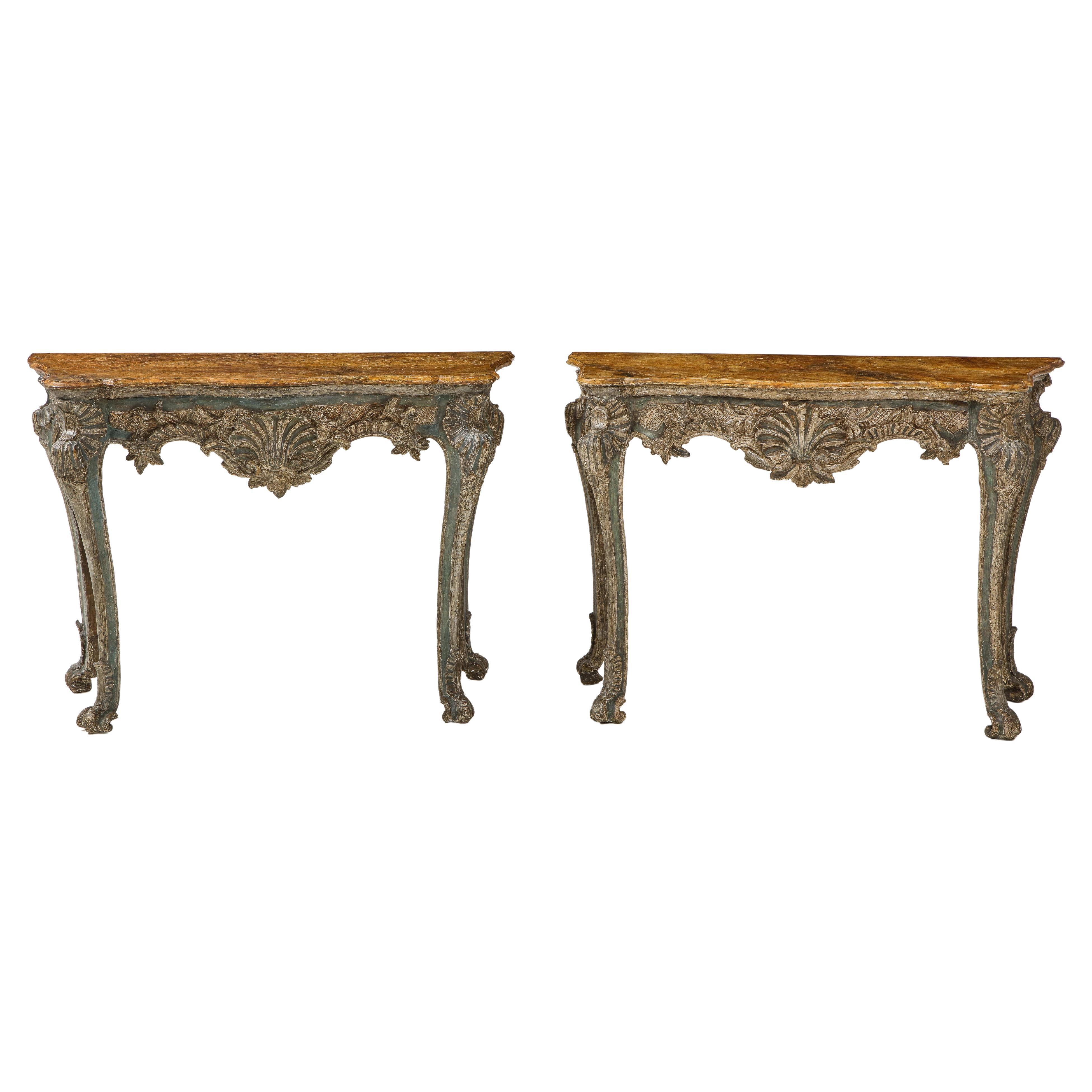 Pair of Italian Rococo Console Tables For Sale