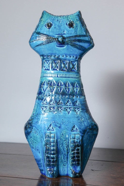 Mid-Century Modern Two Blue Glazed Bitossi Ceramic Cats