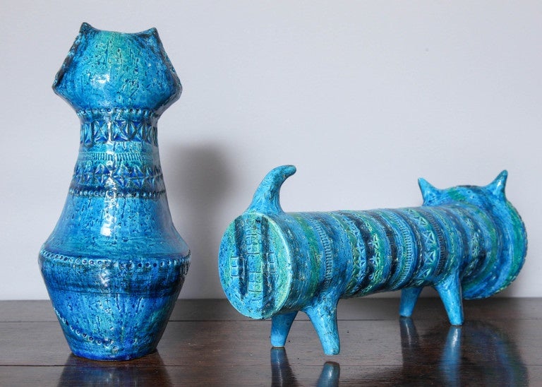 Two Blue Glazed Bitossi Ceramic Cats 1