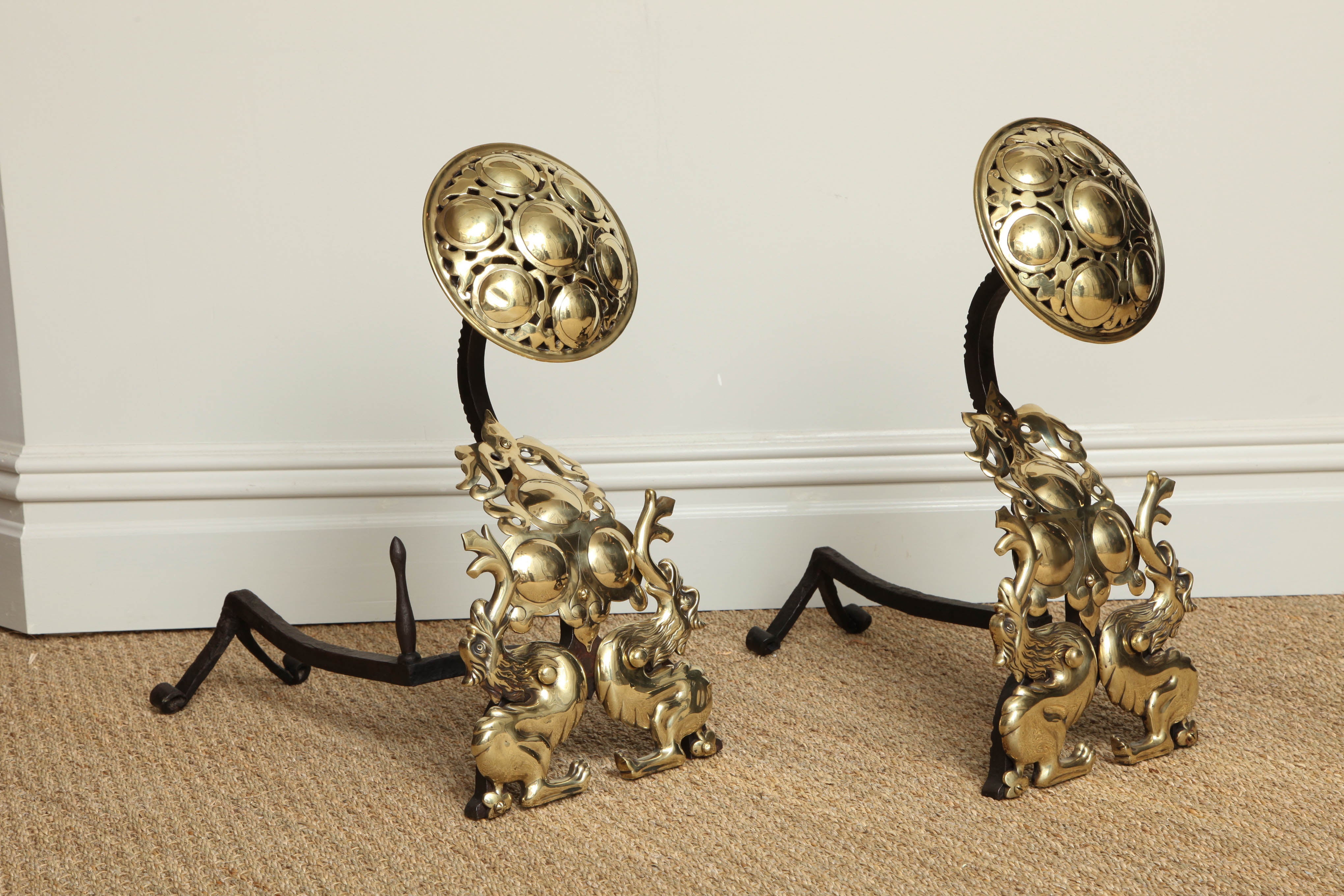 Brass Striking Pair of Arts and Crafts Andirons
