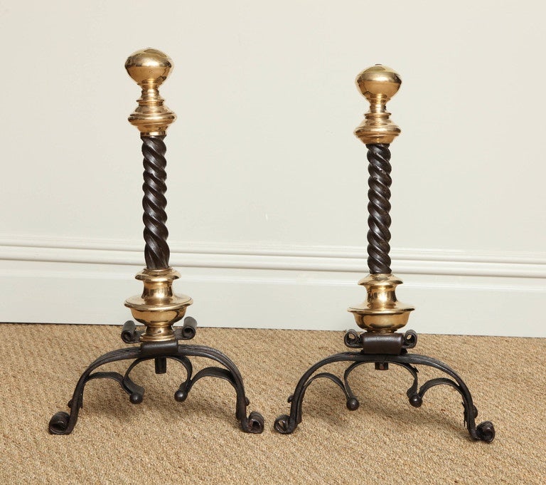 Jacobean Bold Pair of Baroque Bronze and Wrought Iron Andirons