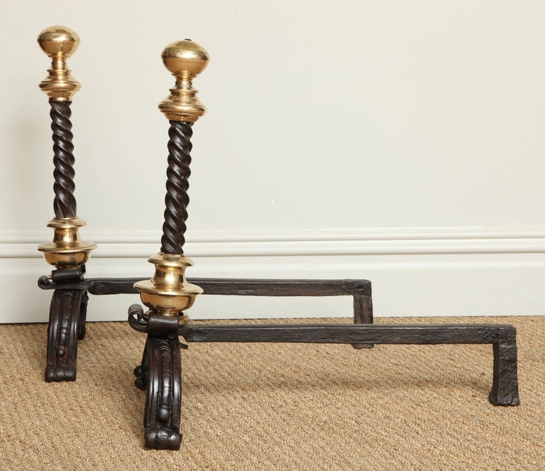 Dutch Bold Pair of Baroque Bronze and Wrought Iron Andirons