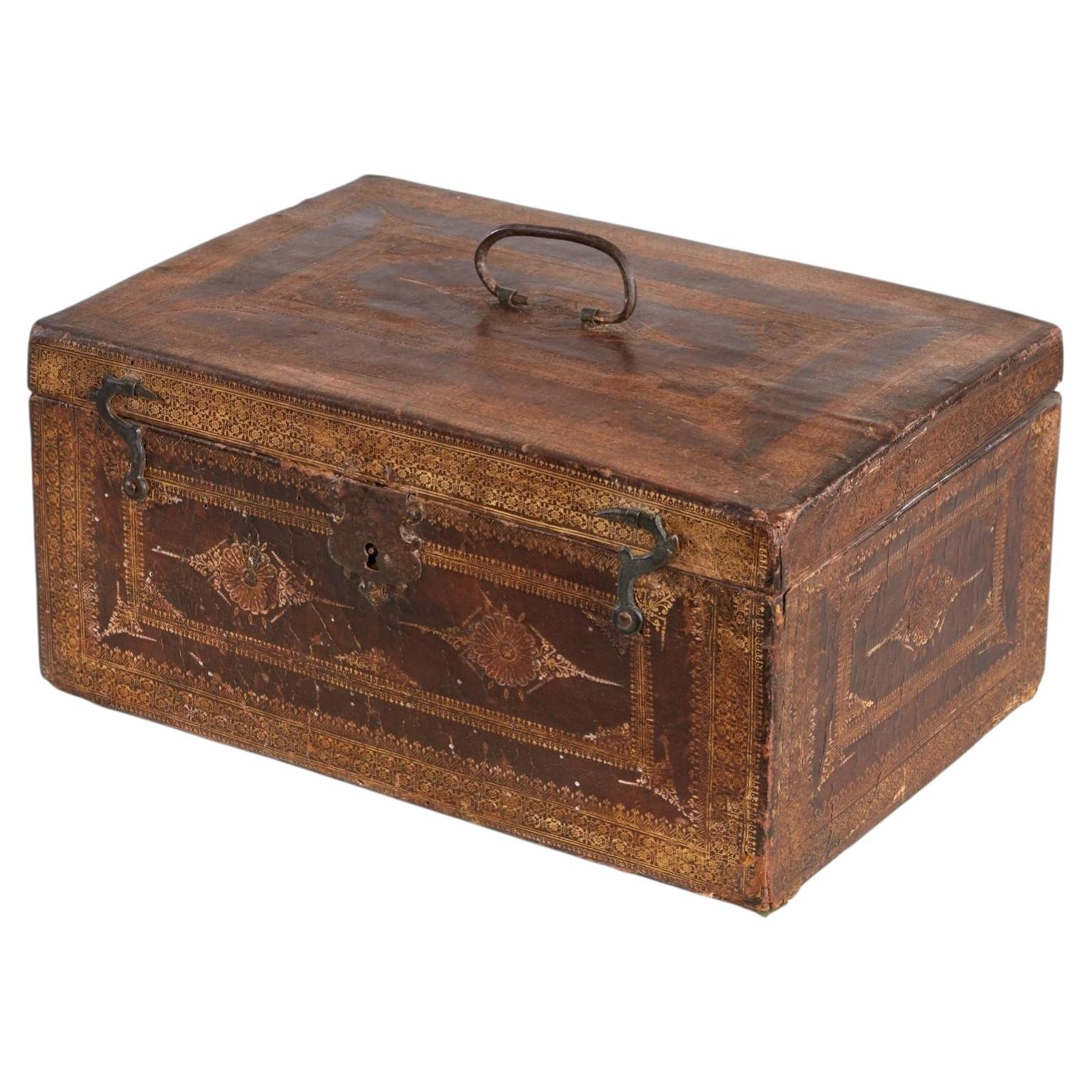 Gilt Tooled Leather Jewelry Box For Sale