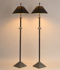 A Pair of Modernist Patinated Bronze Geometric Floor Lamps