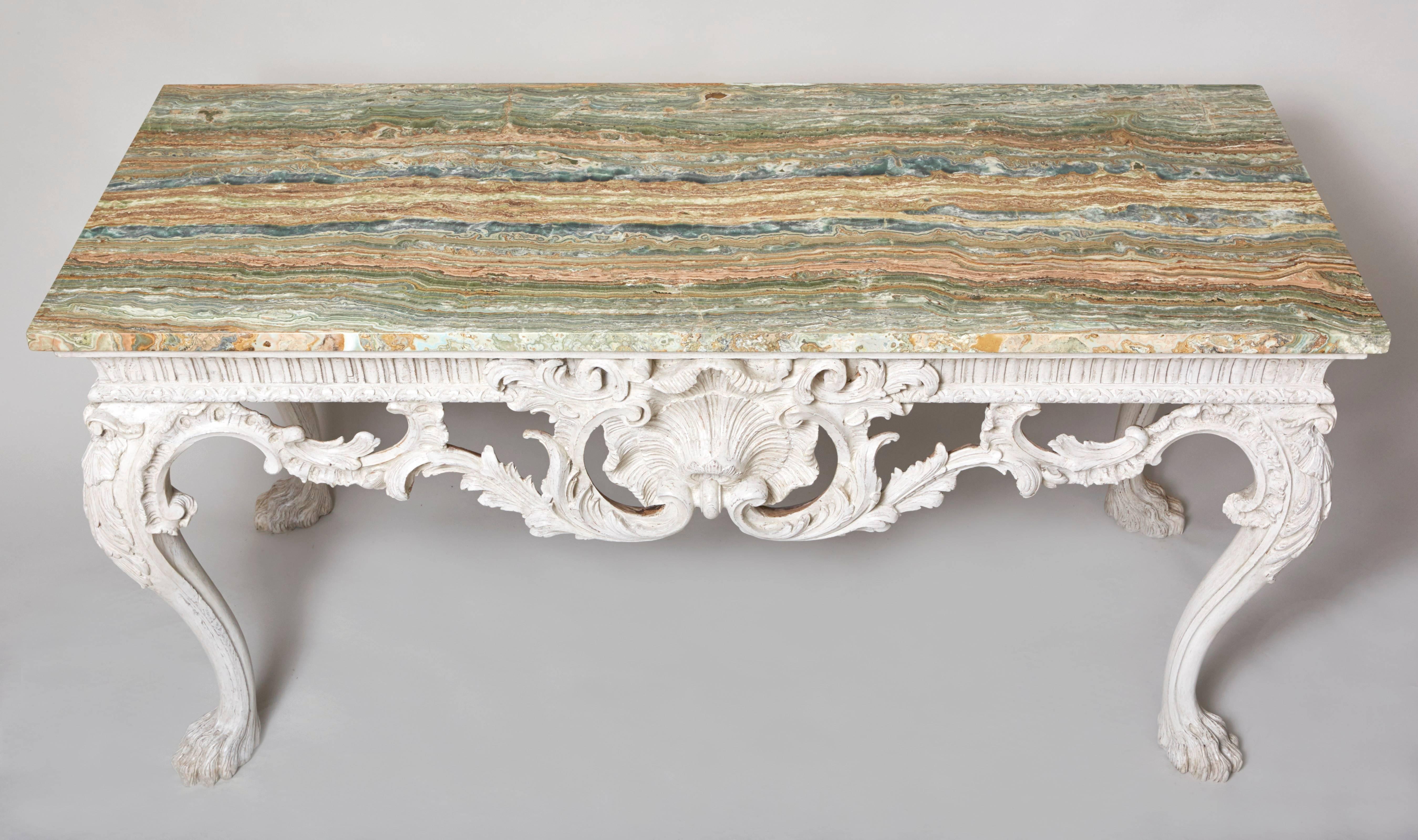 English White Console Table with Green-Veined Onyx Top