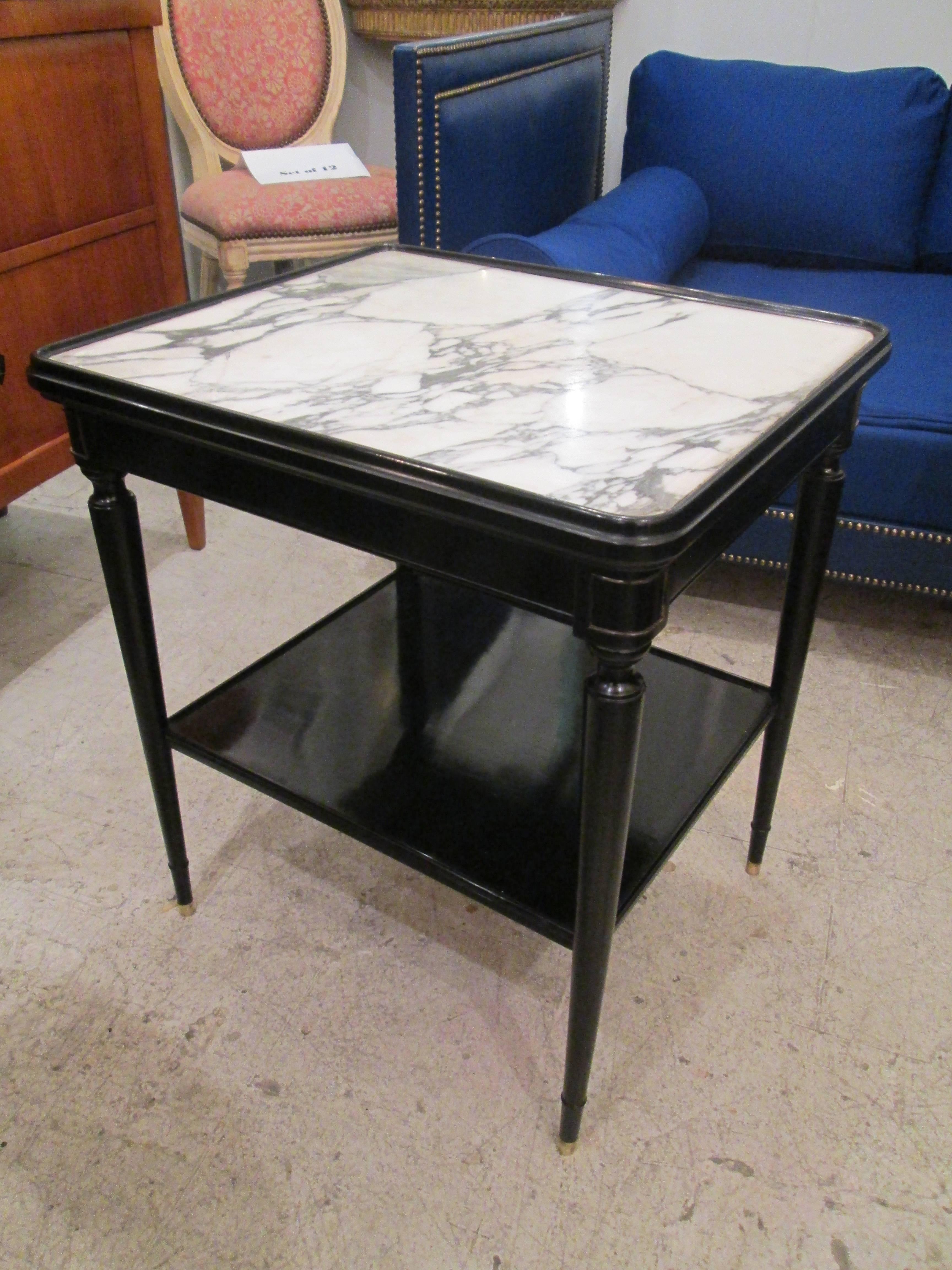 Pair of  French Ebonized Marble-Top Nightstands with Shelves In Excellent Condition In New York, NY