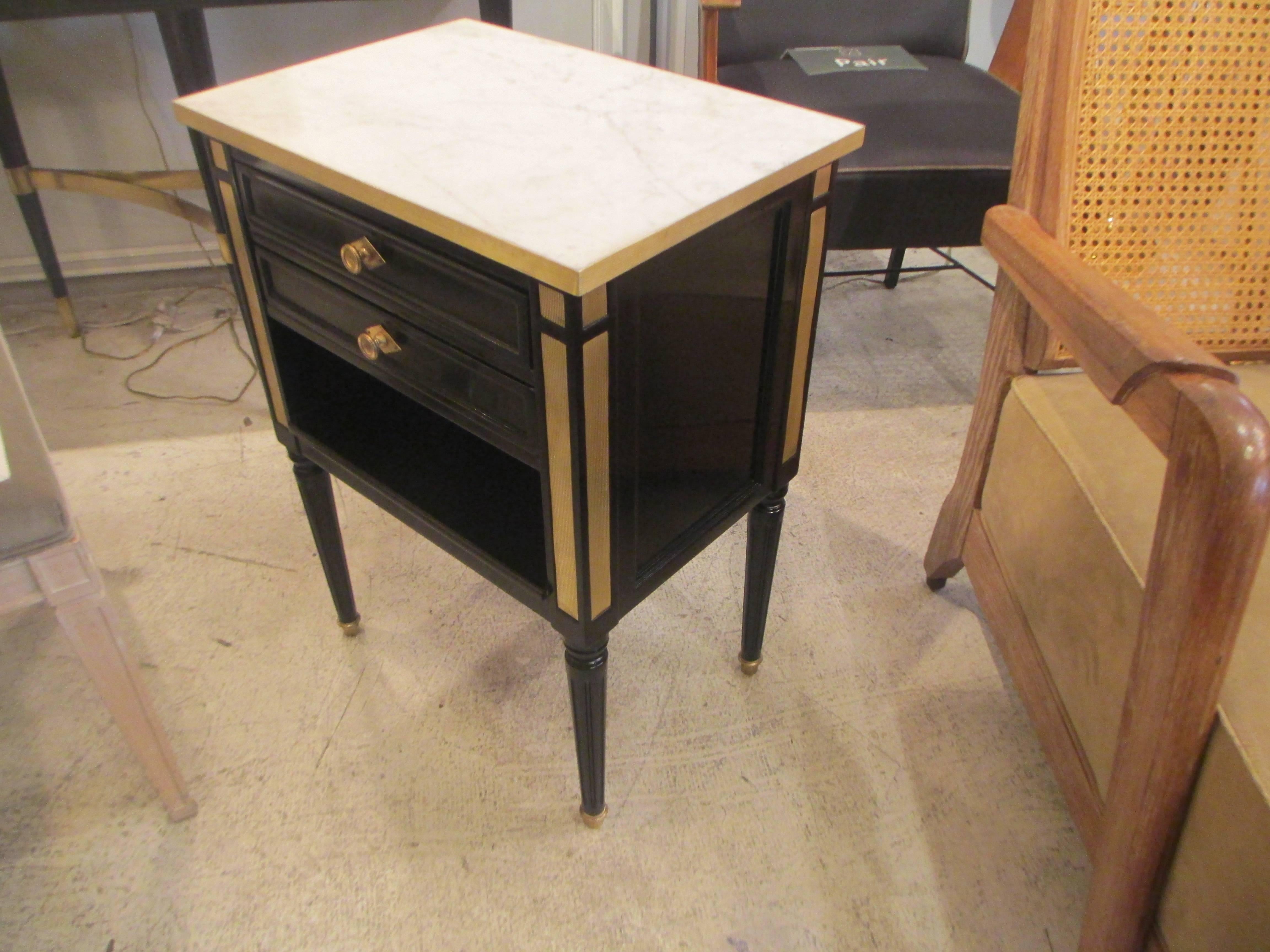 French Pair of Ebonized Directoire-Style, Brass-Mounted Nightstands With Marble Top