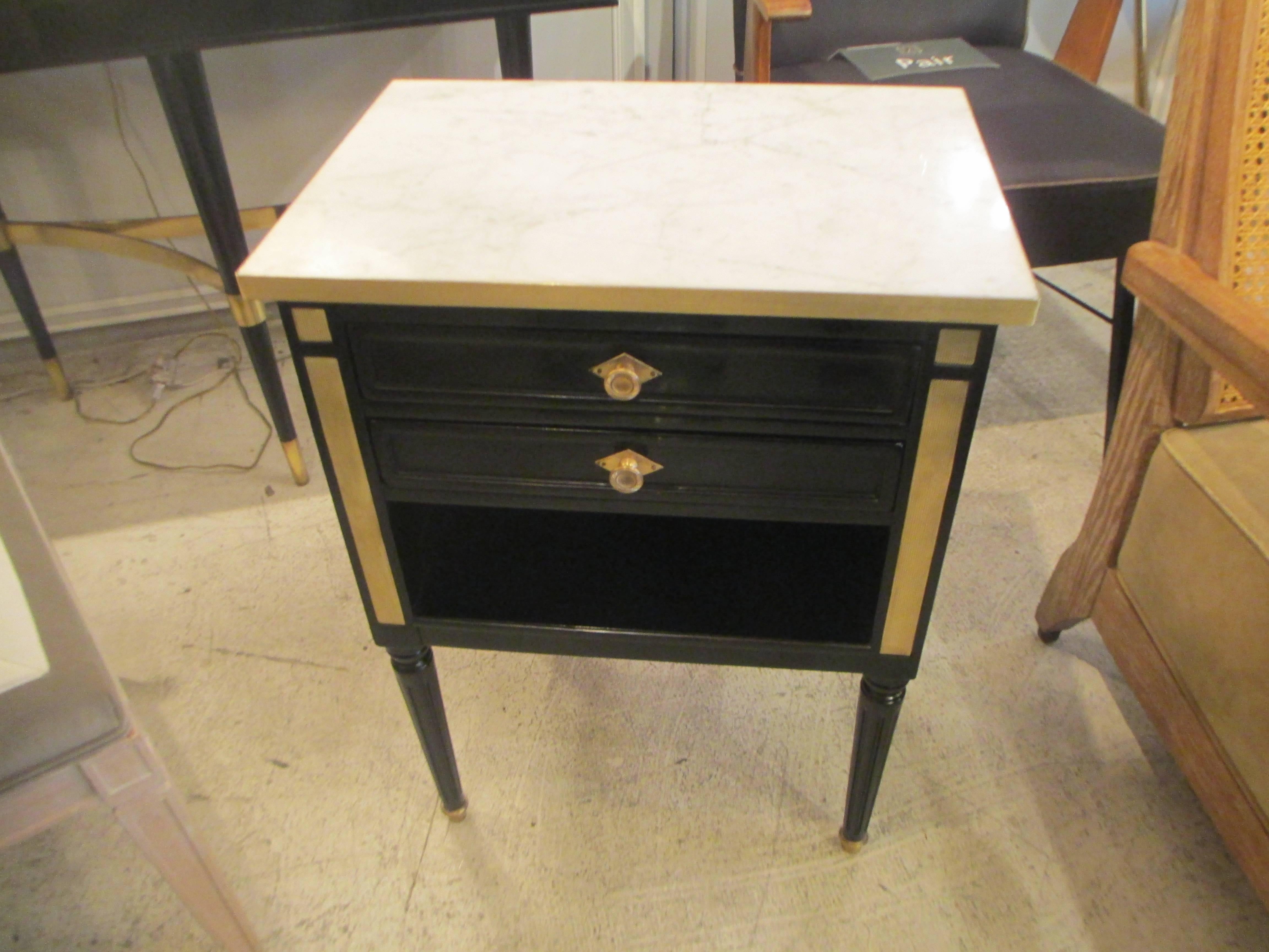20th Century Pair of Ebonized Directoire-Style, Brass-Mounted Nightstands With Marble Top