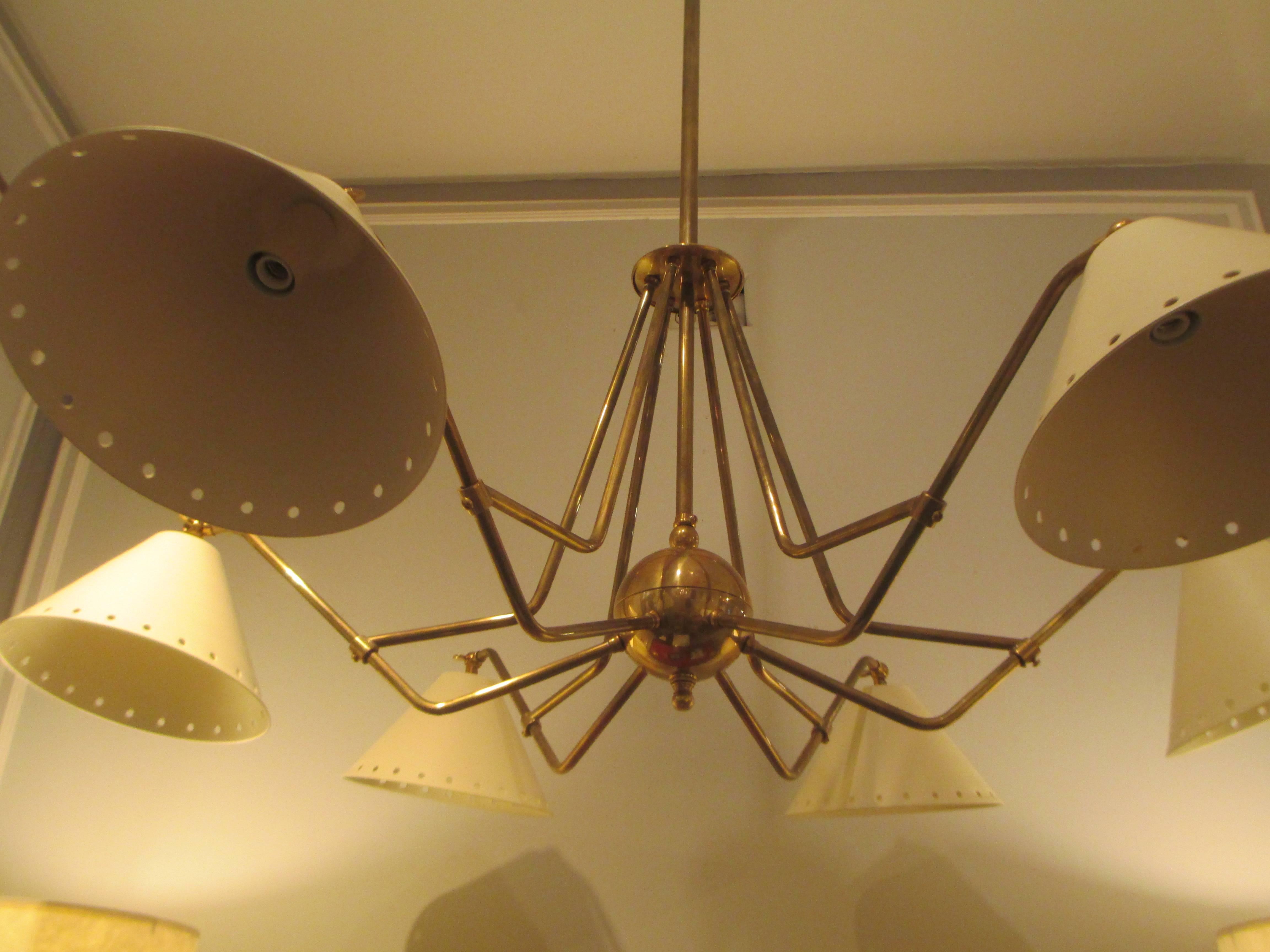American Custom Six-Light Brass and Tole Fixture in the Midcentury Manner For Sale