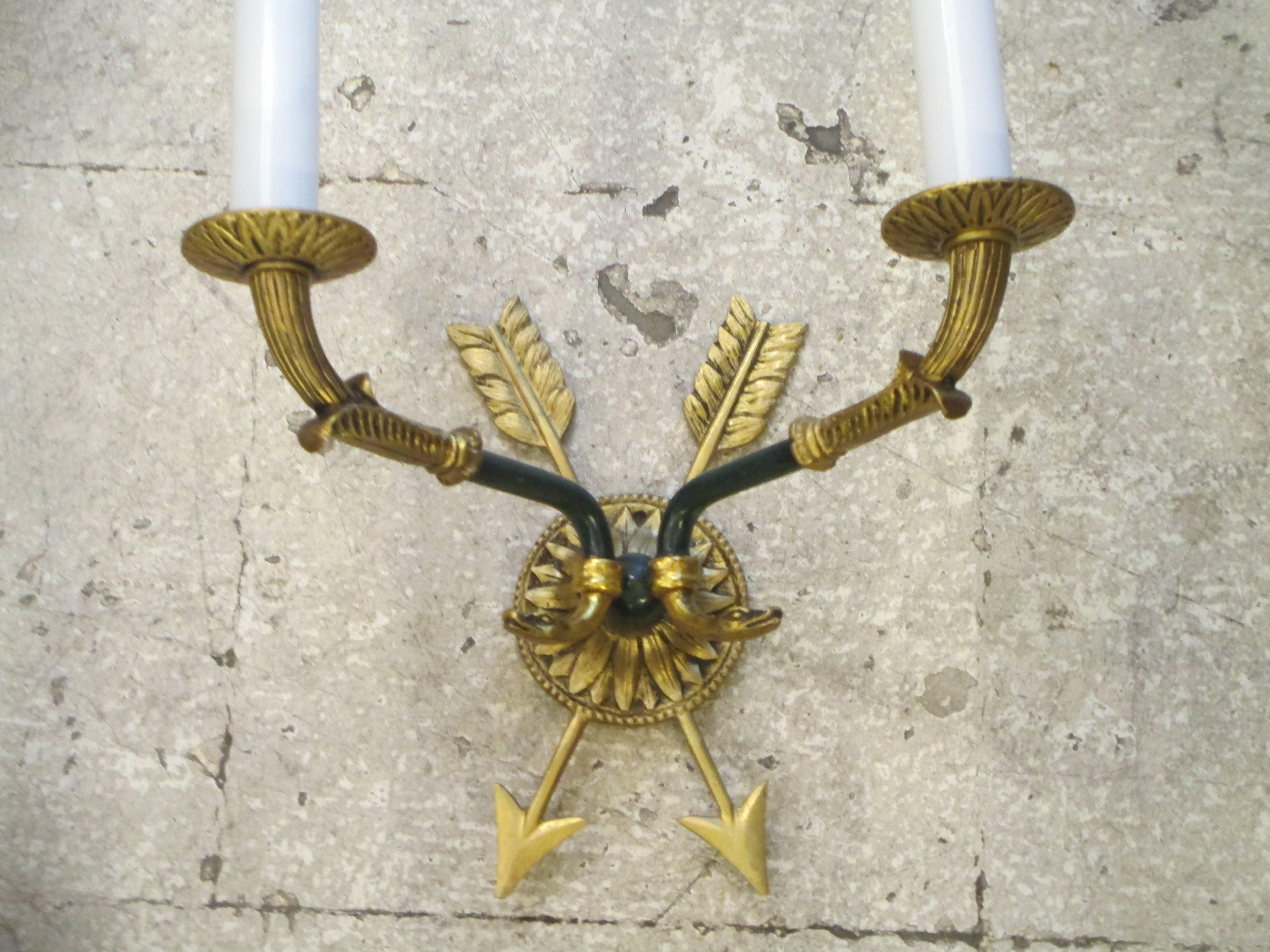 French Pair of Directoire-Style Two-Arm Bronze Sconces For Sale