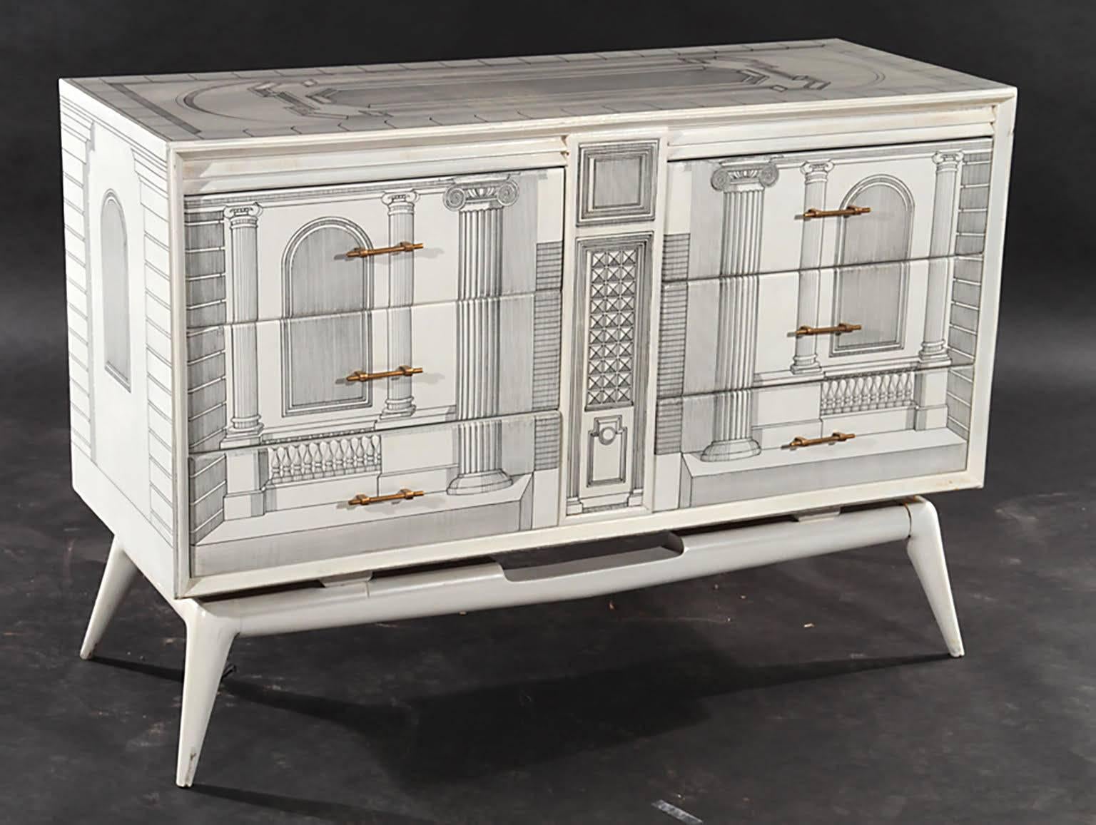 Architectural hand-painted commode in the Fornasetti Manner. This commode features six drawers.