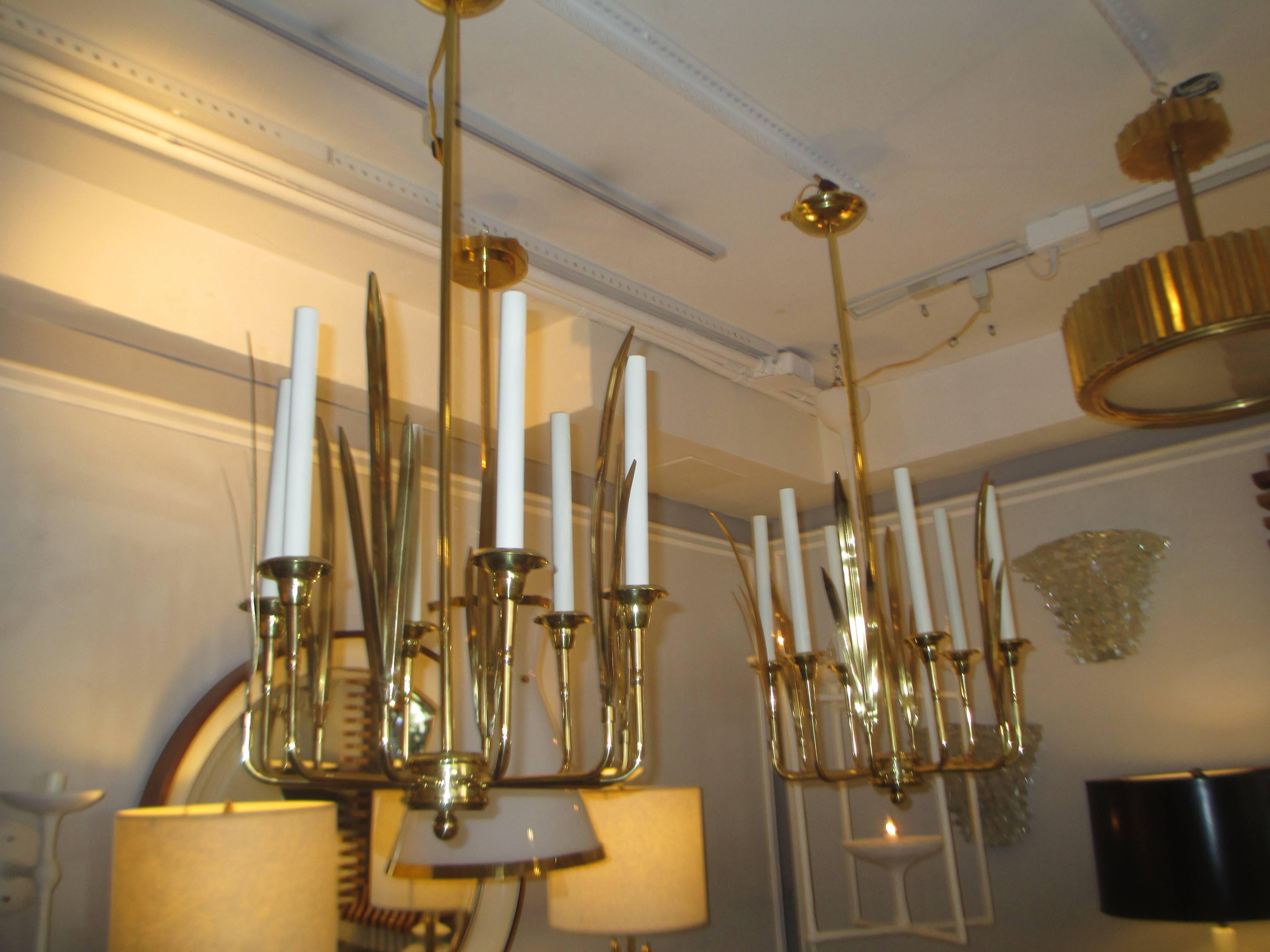 Pair of Six-Arm Modernist Brass Fixtures In Excellent Condition In New York, NY