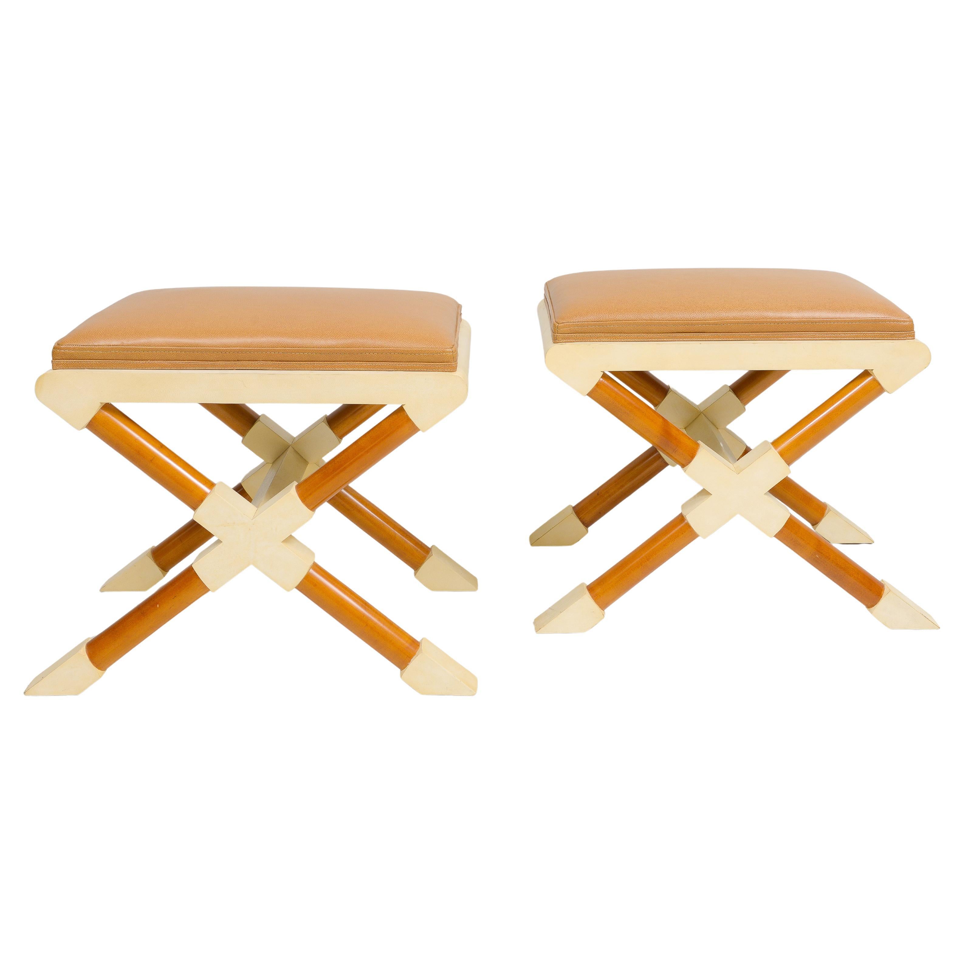 Bespoke Pair of Georgetta Parchment X-Frame Benches For Sale