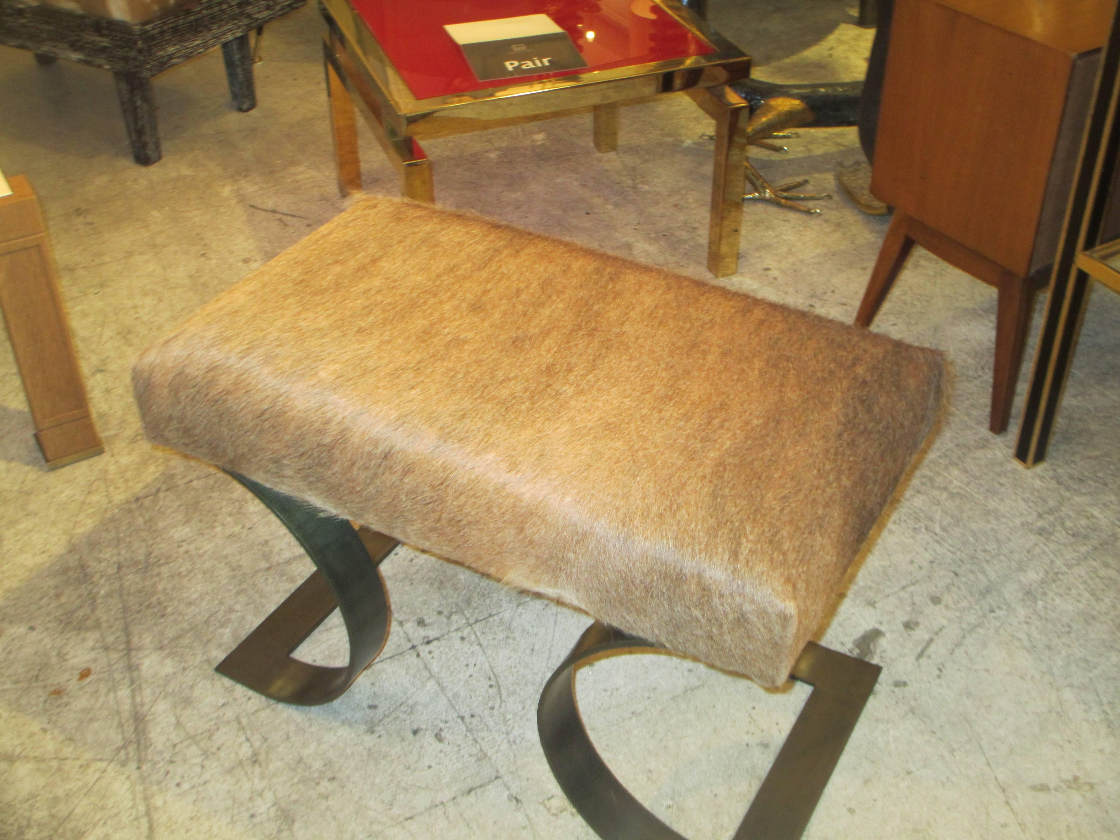 French Pair of Sculptural Mid-Century Modern Benches, Upholstered in Cattle Hide