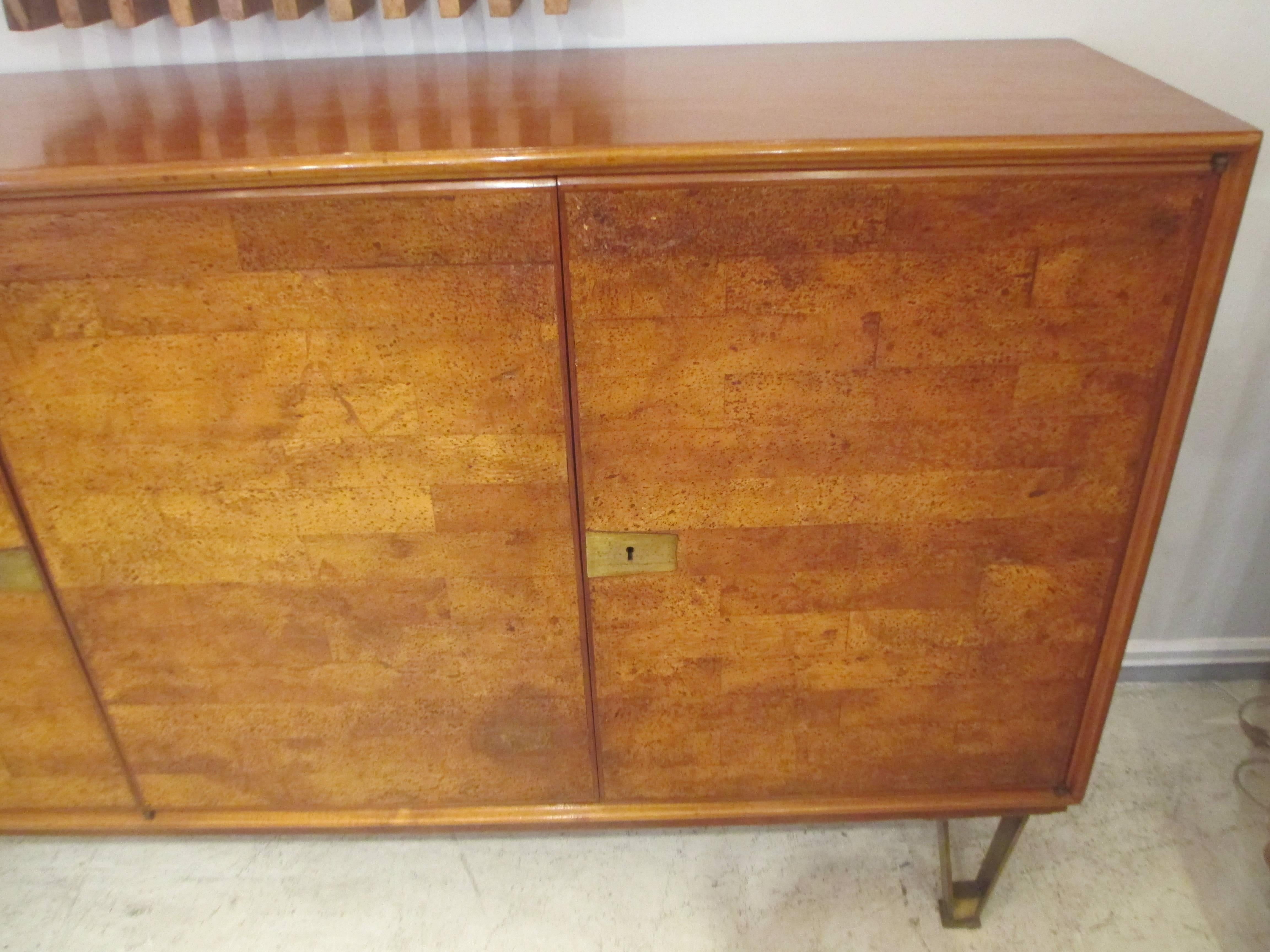 Italian Rare Mid-Century Cork Sideboard Supported on Tapered Bronze Legs