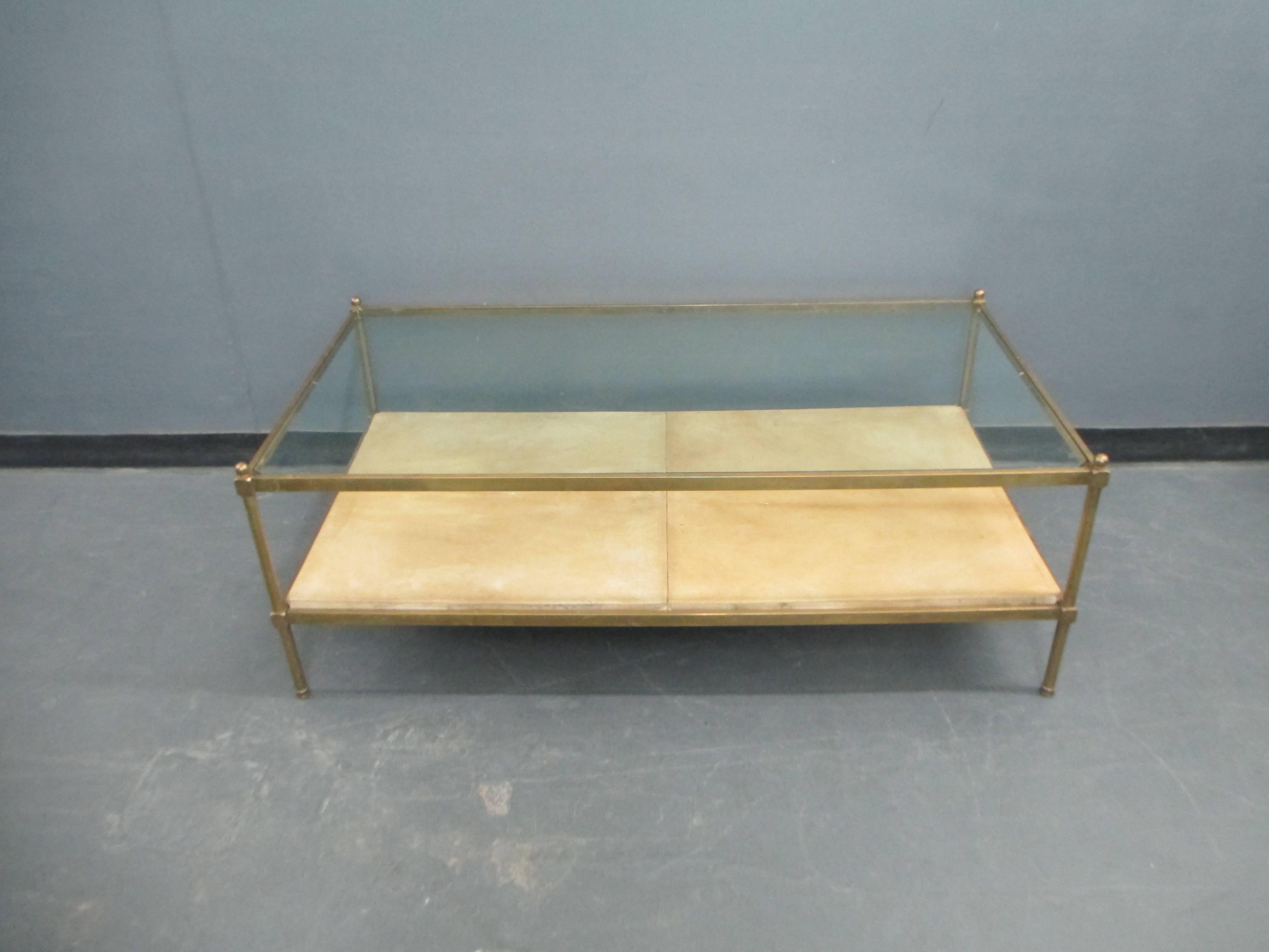 Two-Tiered Bronze Coffee Table with Parchment Shelf In Good Condition In New York, NY