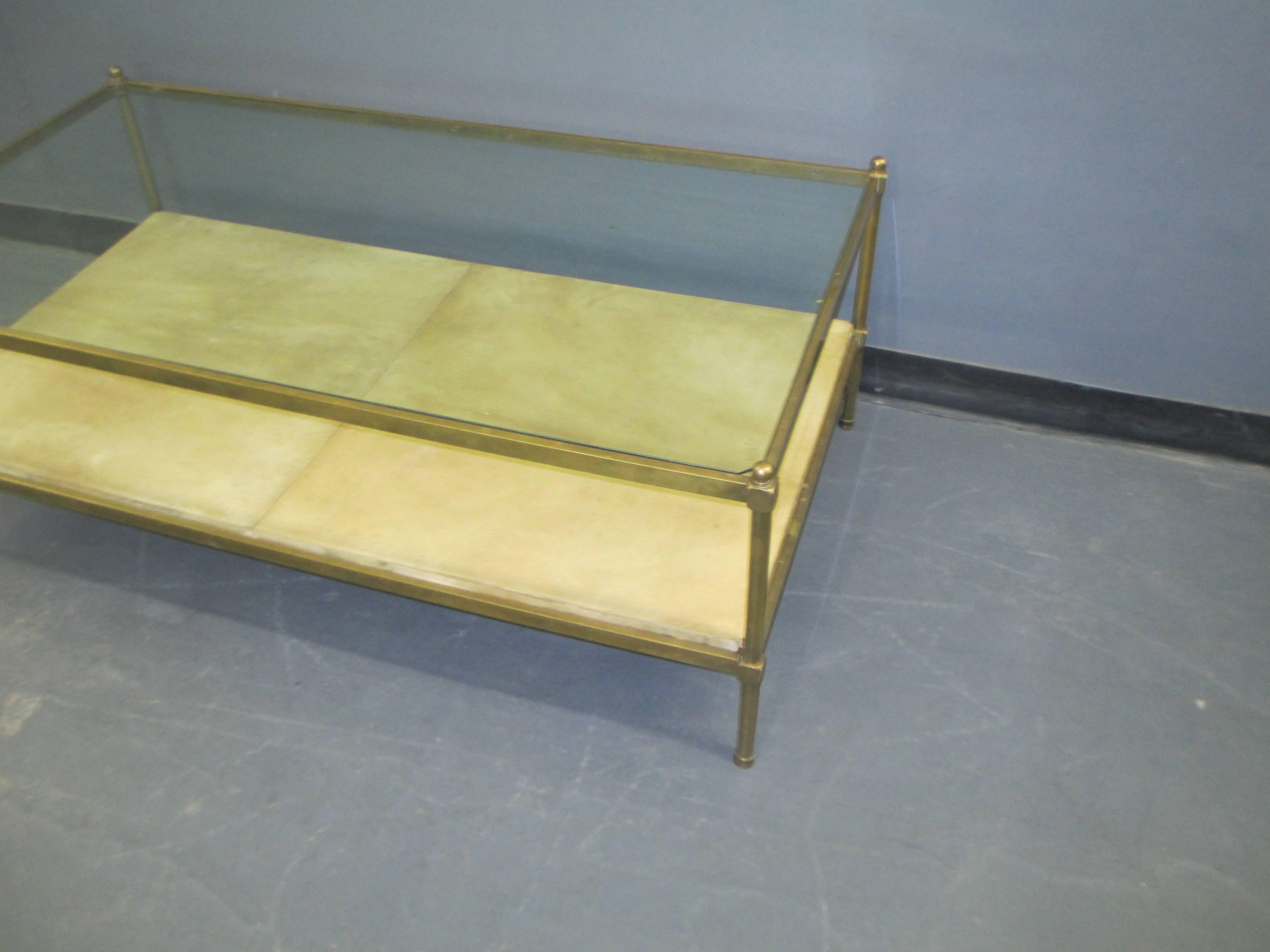 French Two-Tiered Bronze Coffee Table with Parchment Shelf