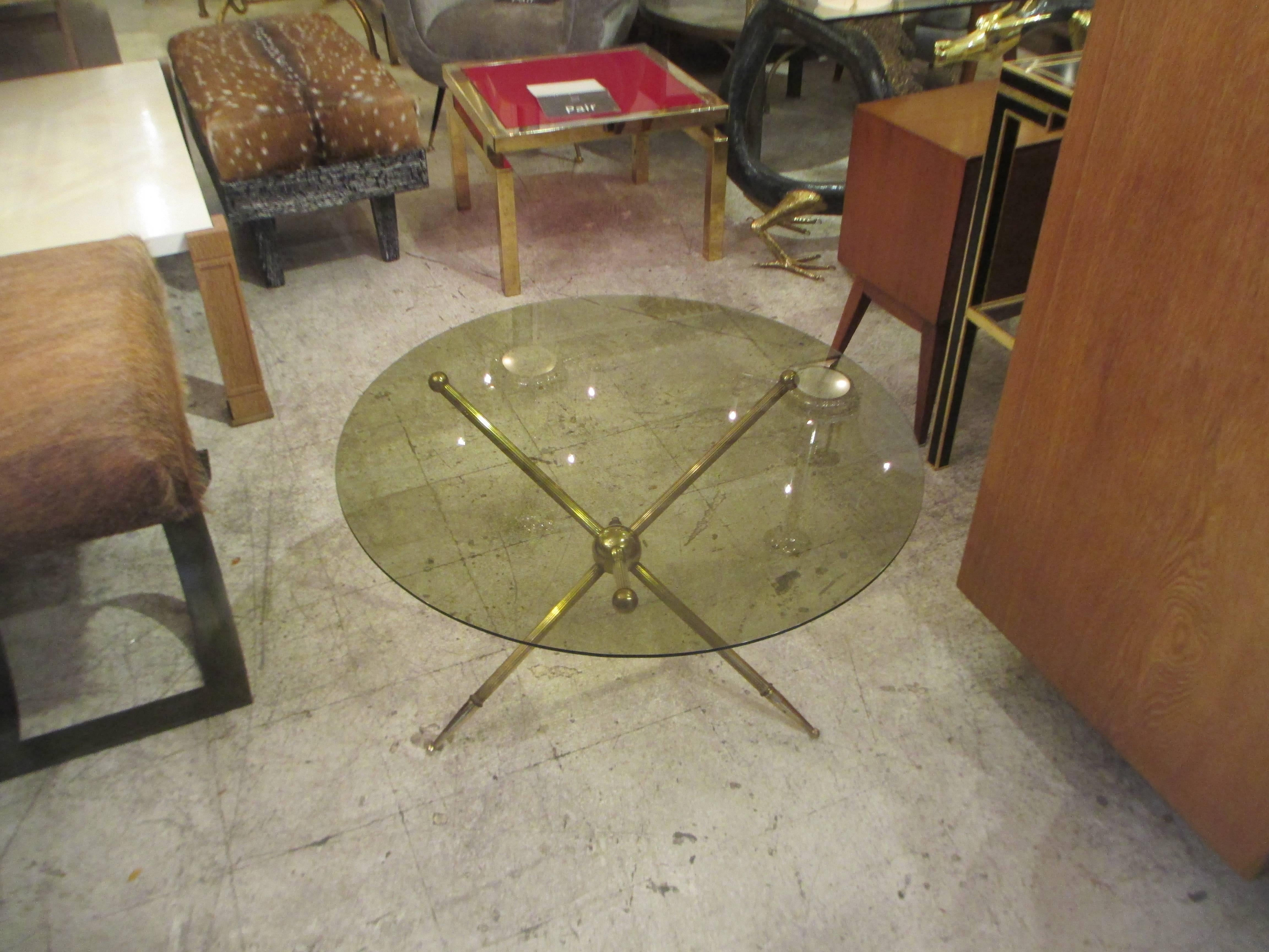 French Bronze Mid-Century Coffee Table with Smoked Glass Top
