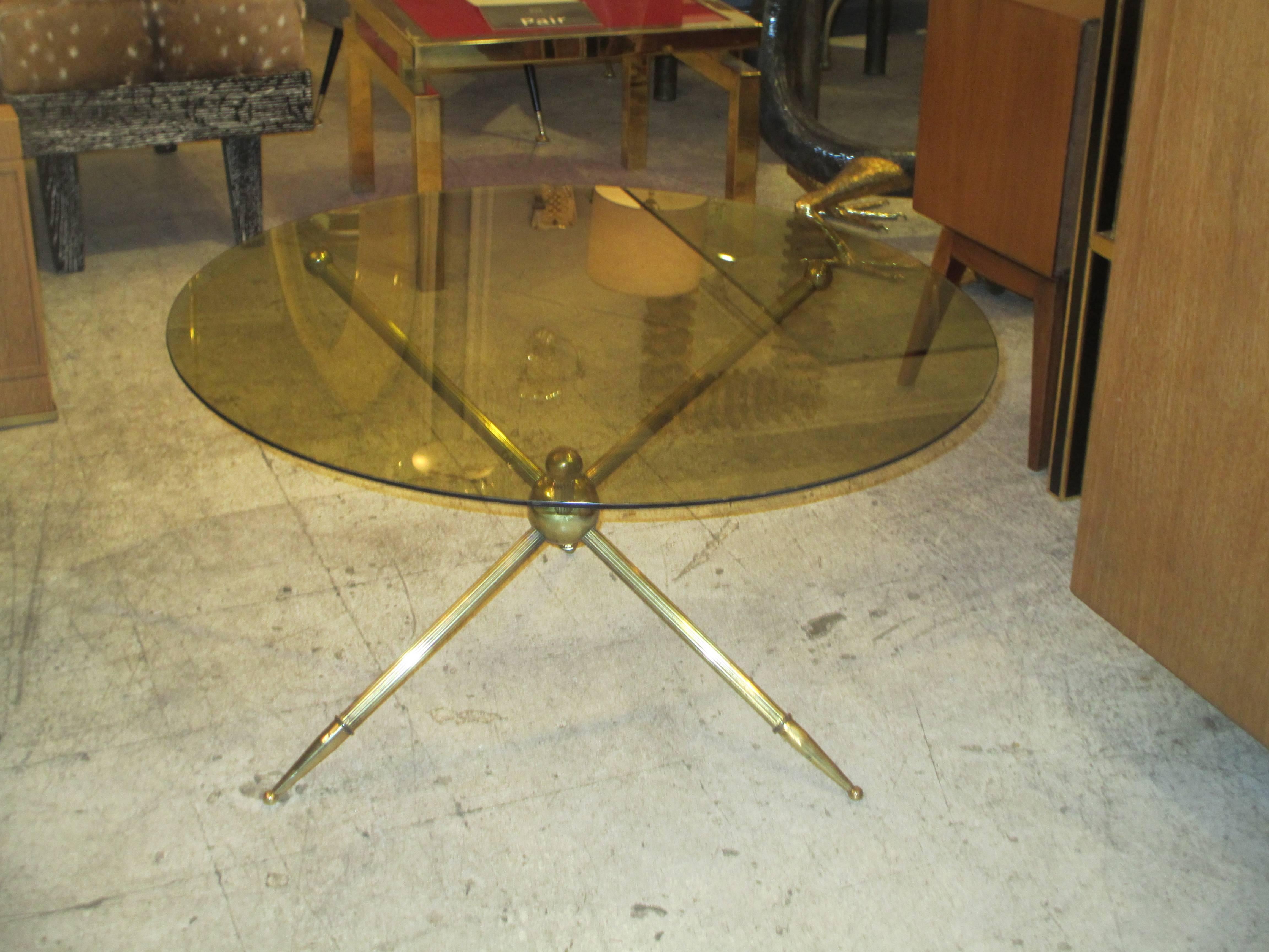 Bronze Mid-Century coffee table with smoked glass top.