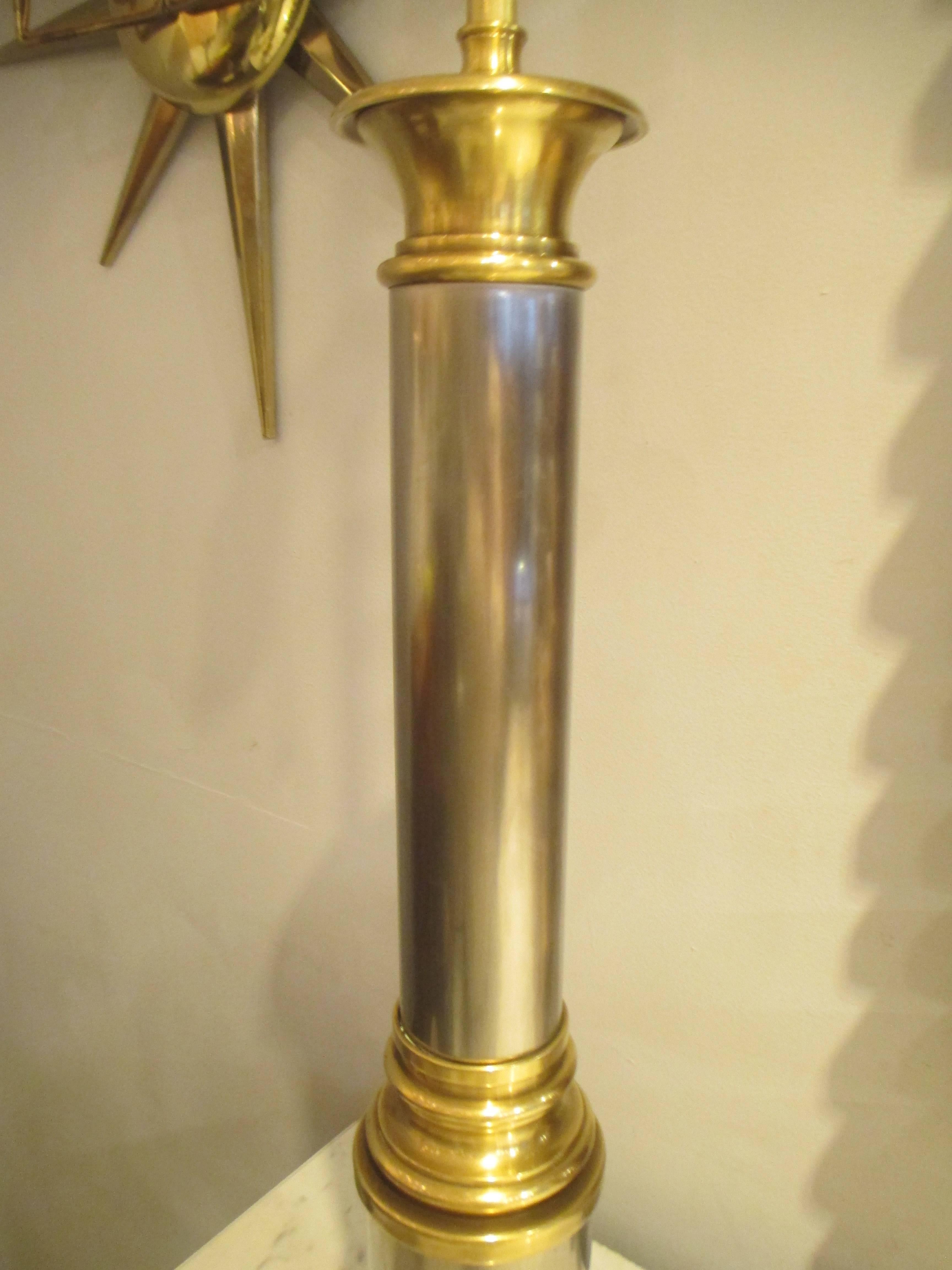 Pair of Brass and Chrome Column Lamps In Excellent Condition In New York, NY