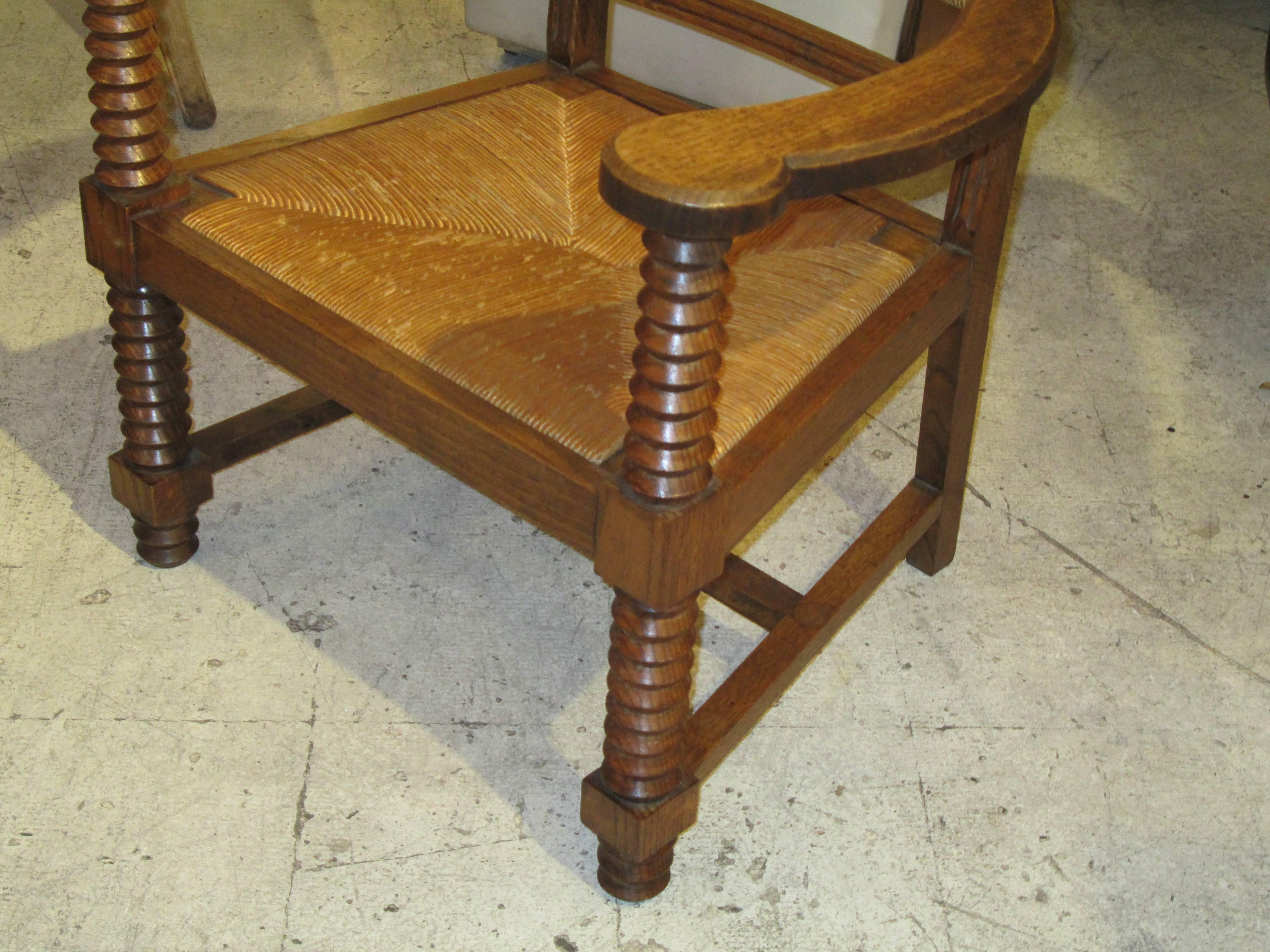 French Unusual Pair of Caned Oak Armchairs with Barley-Twist Arms and Legs
