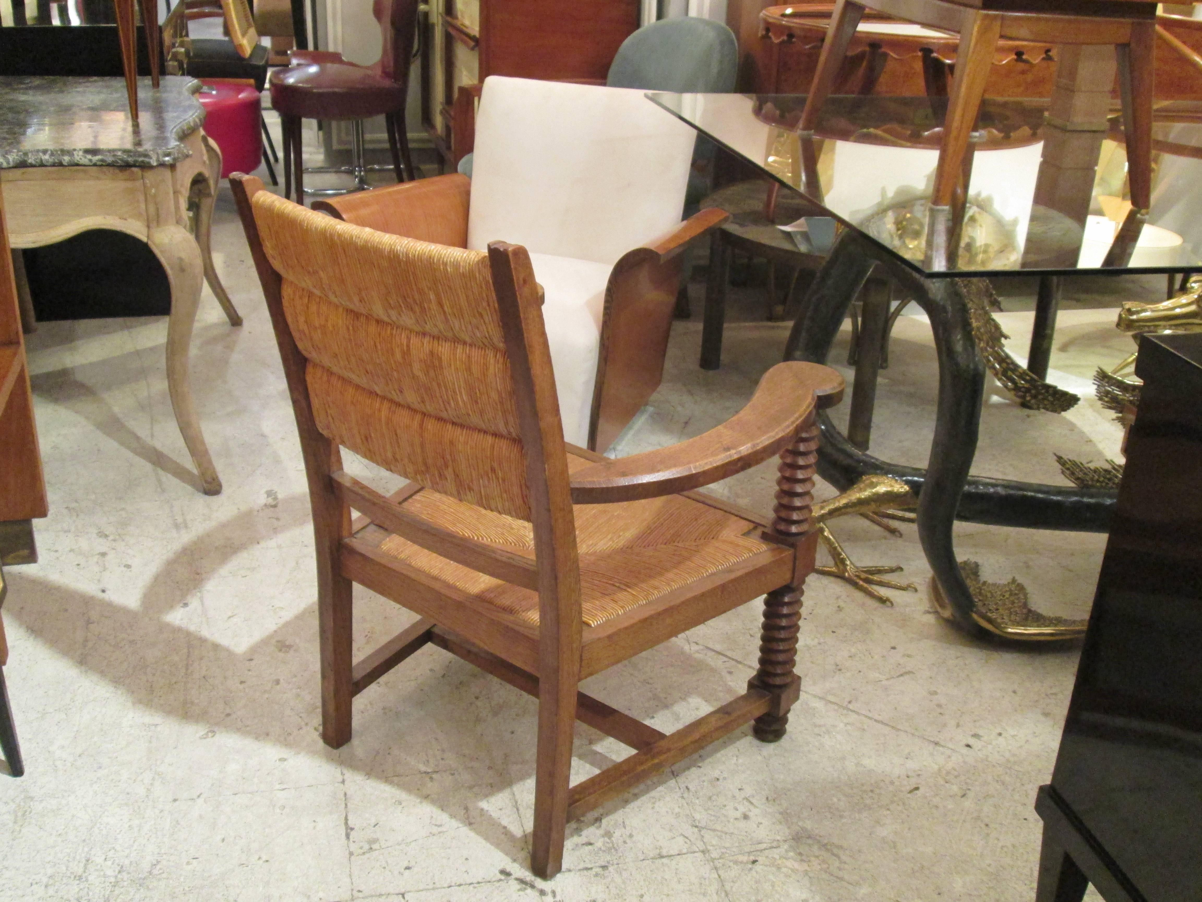 Unusual Pair of Caned Oak Armchairs with Barley-Twist Arms and Legs In Excellent Condition In New York, NY
