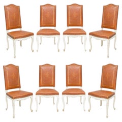 Set of Eight French Régence Style Leather Dining Chairs, Hand-Painted