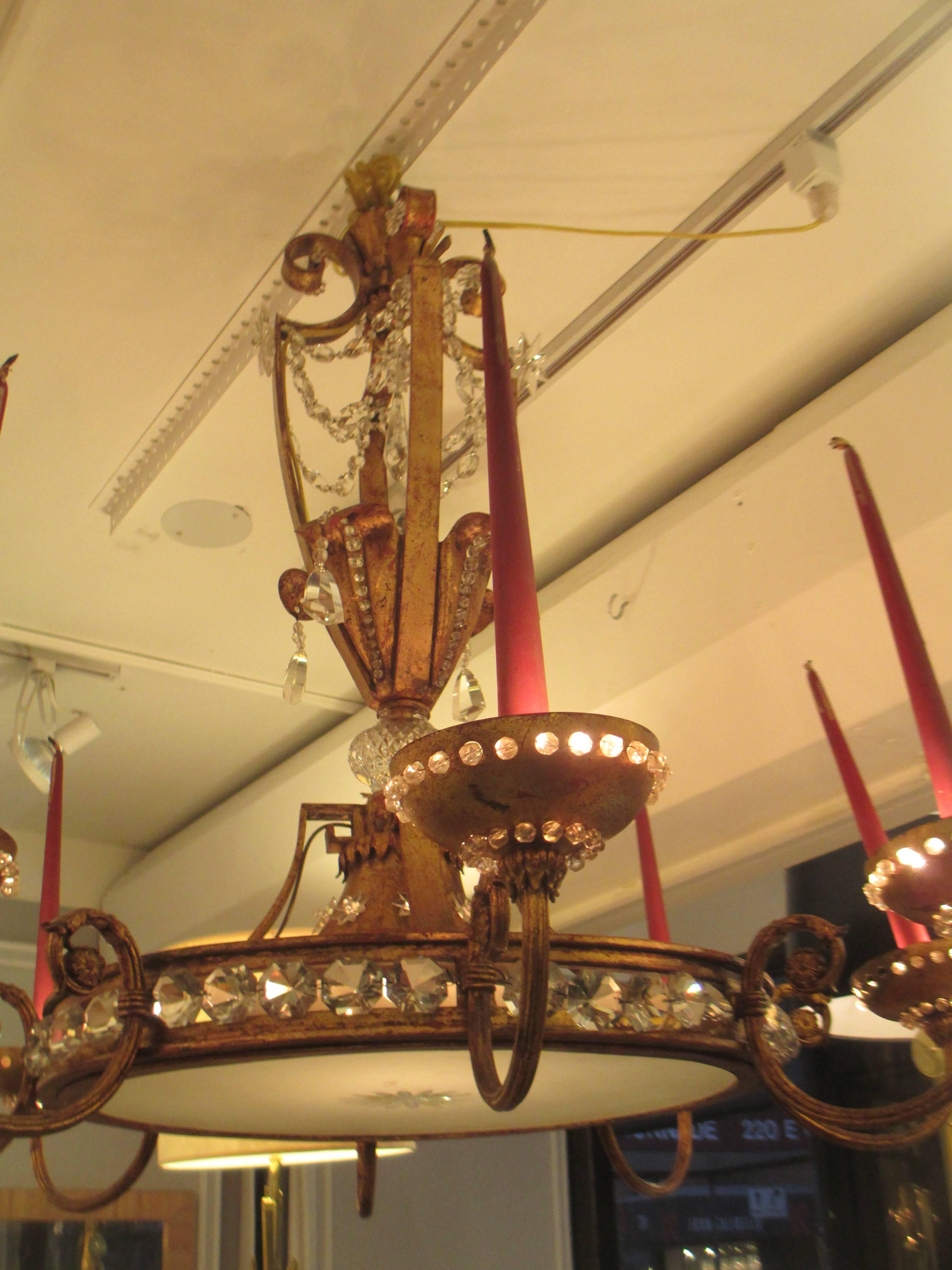 French Exceptional Bagues Gilt-Iron and Crystal Chandelier with Eight Arms