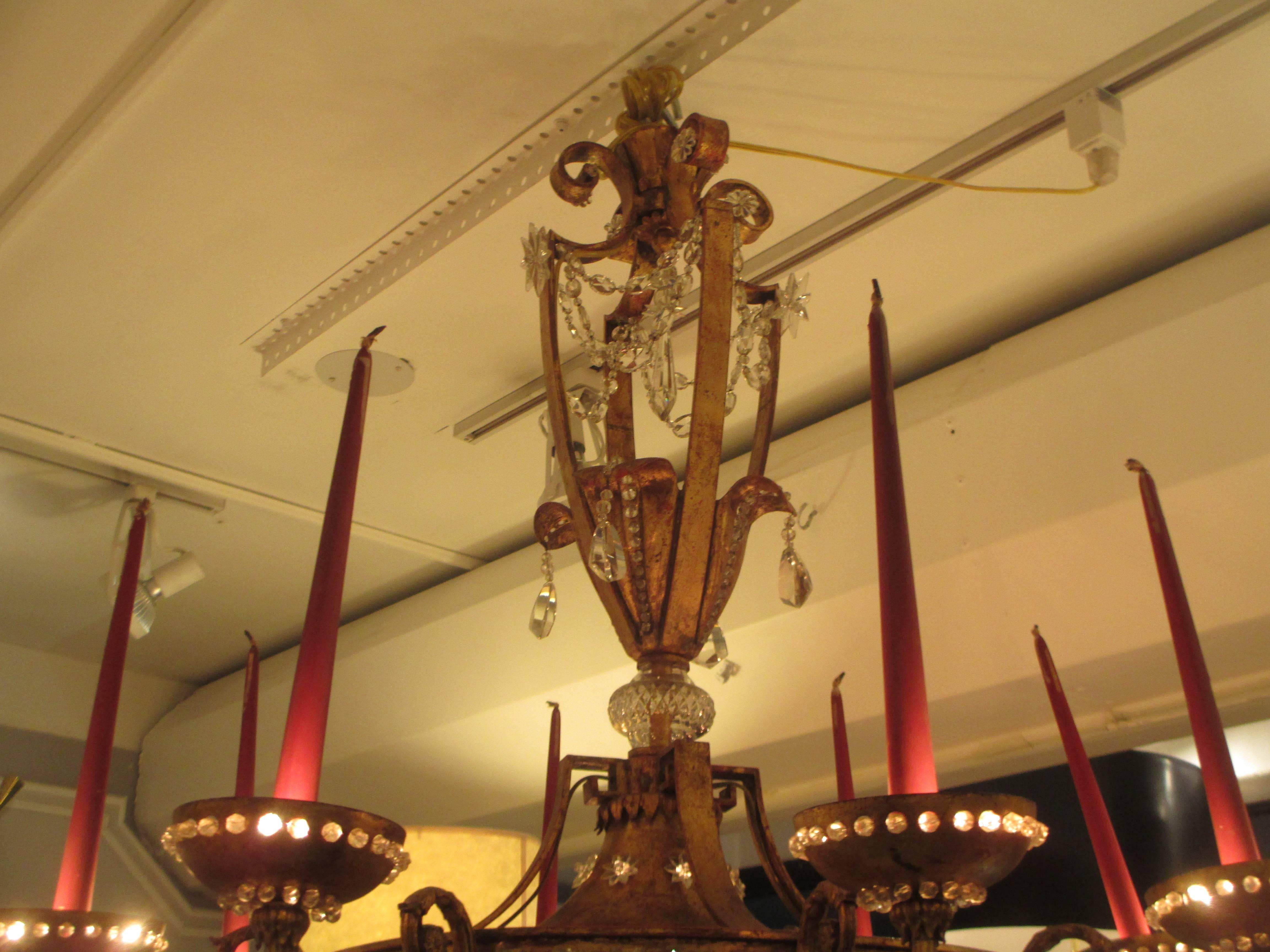 20th Century Exceptional Bagues Gilt-Iron and Crystal Chandelier with Eight Arms