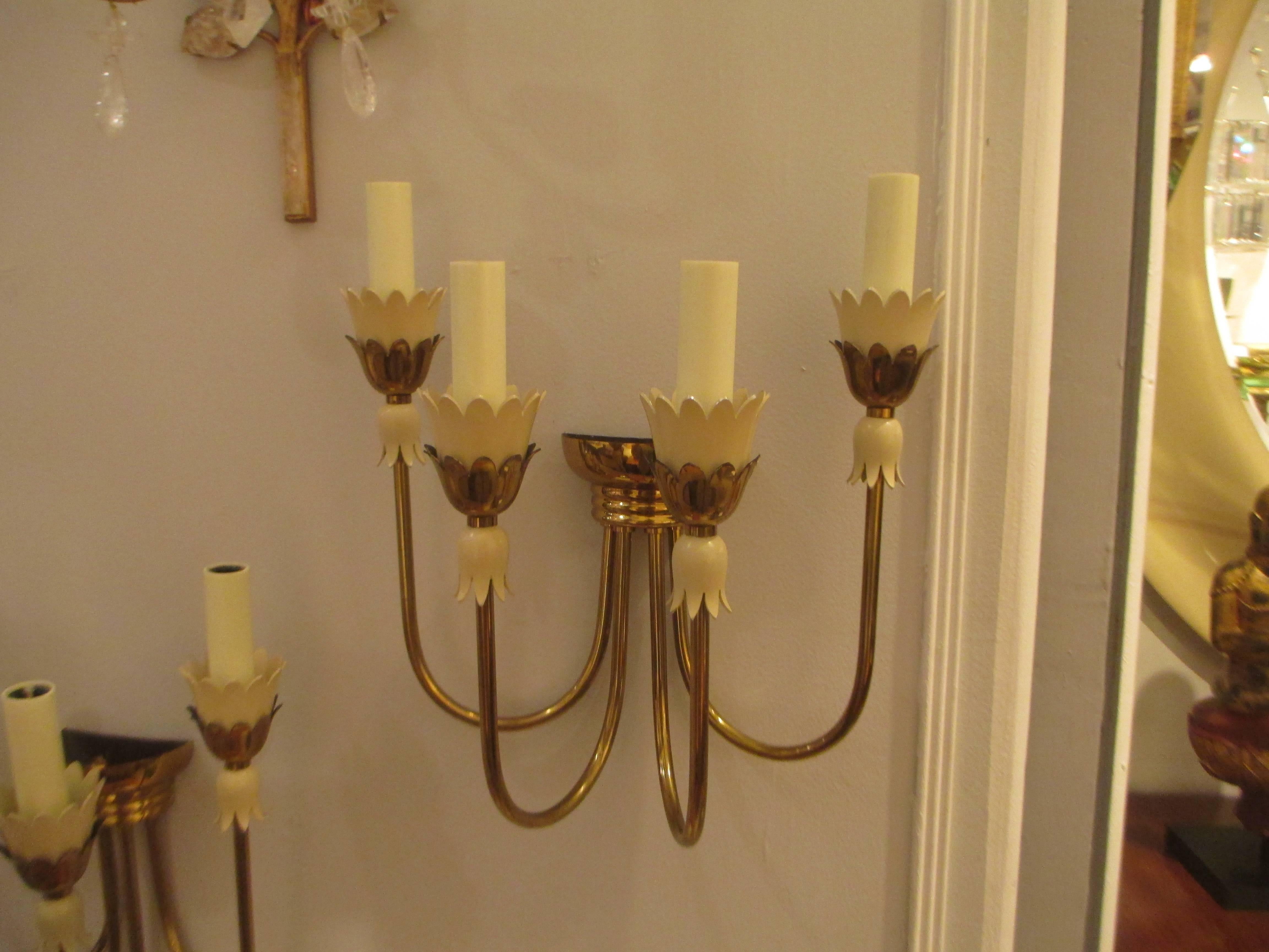 Pair of Mid-Century Italian Brass Sconces with Four Arms 1
