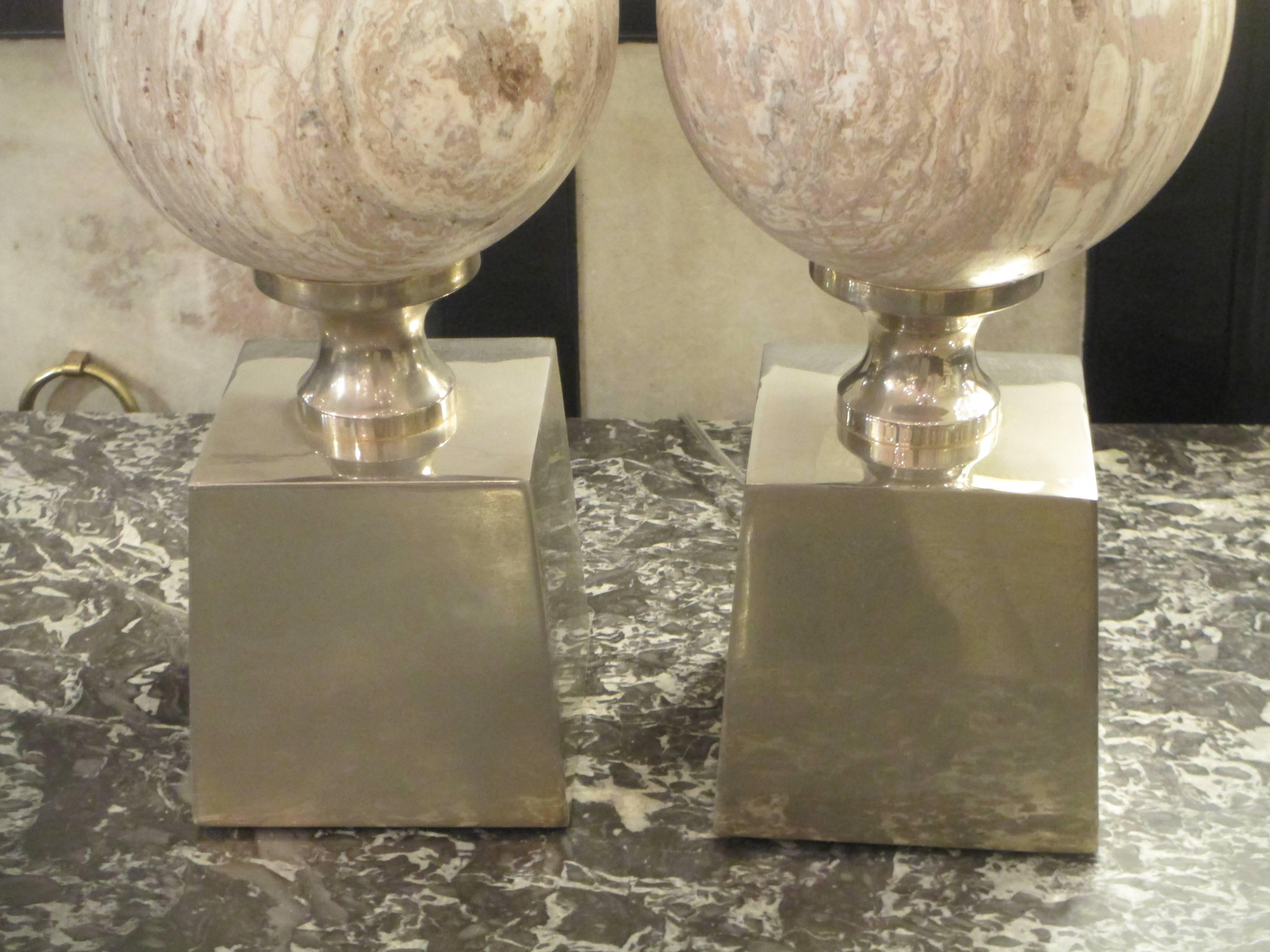 French Sculptural Pair of Travertine Lamps on Chrome-Plated Plinth Bases