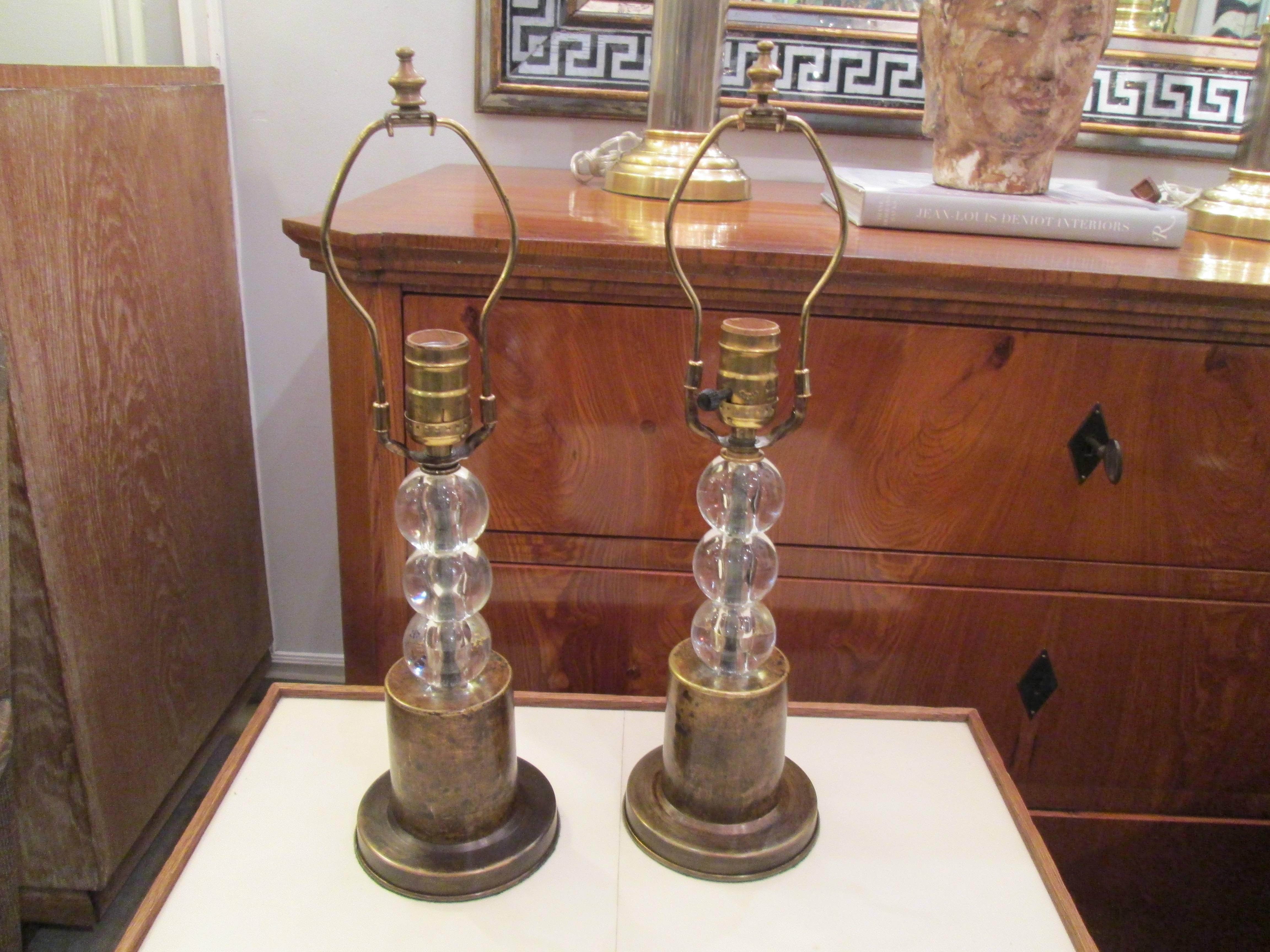Pair of Boudoir Lamps with Crystal Orbs on Brass Base In Excellent Condition For Sale In New York, NY