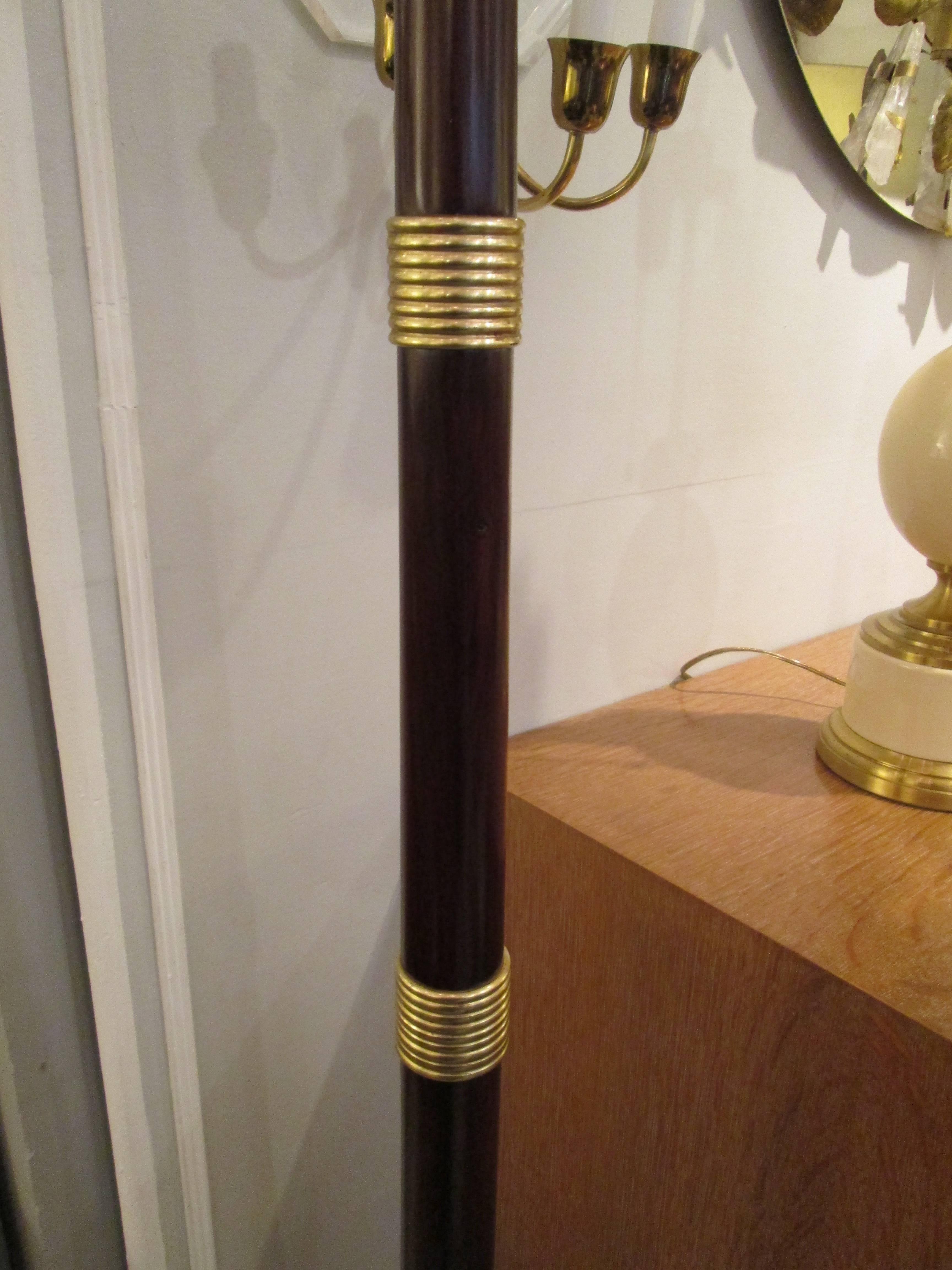 20th Century Italian Midcentury Mahogany Floor Lamp with Brass Rings on Glass Base