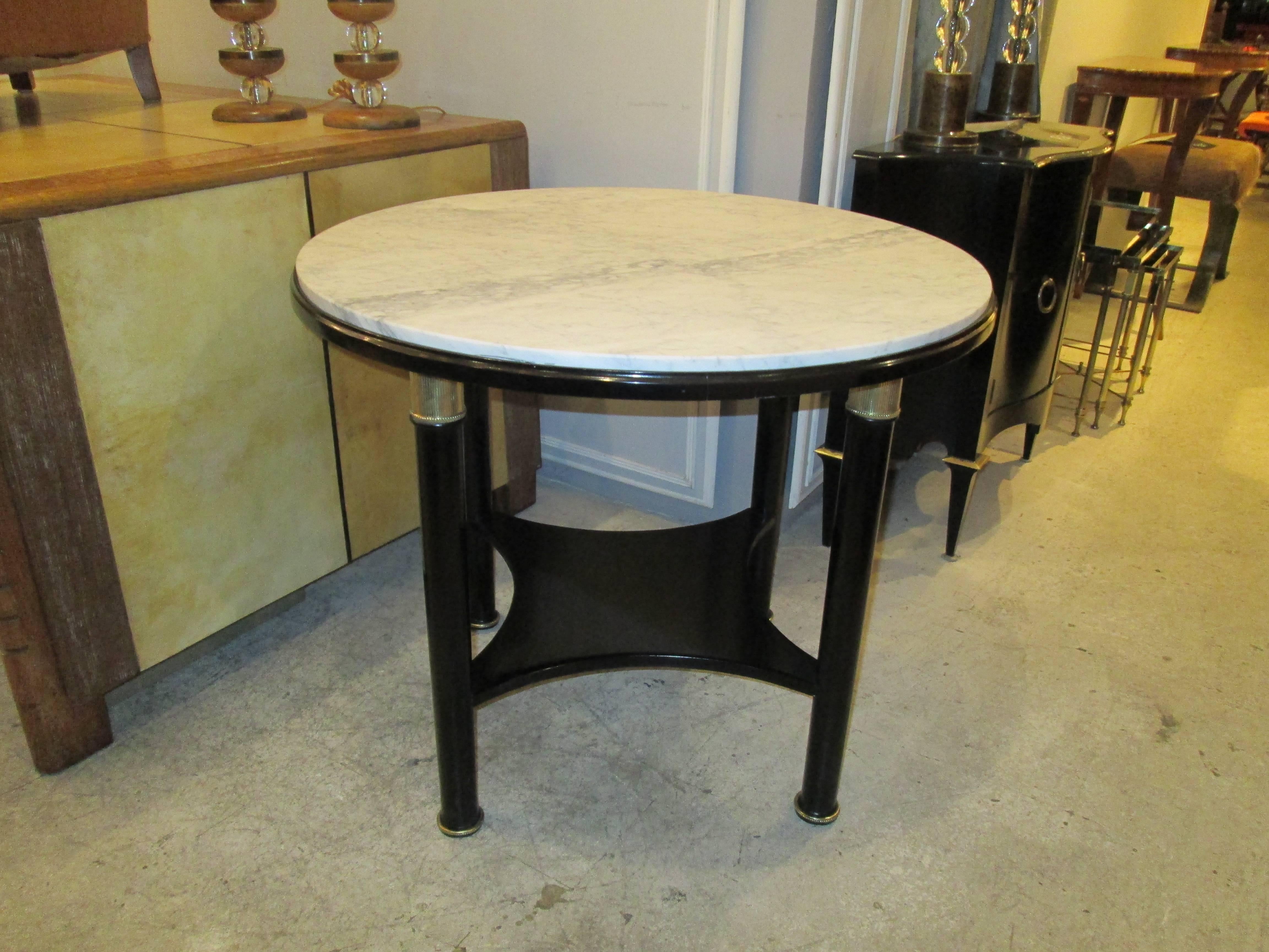 Unusual Pair Ebonized French 1940's/ 1950's  Marble-Top Tables on Column Legs with Ormolu Mounts