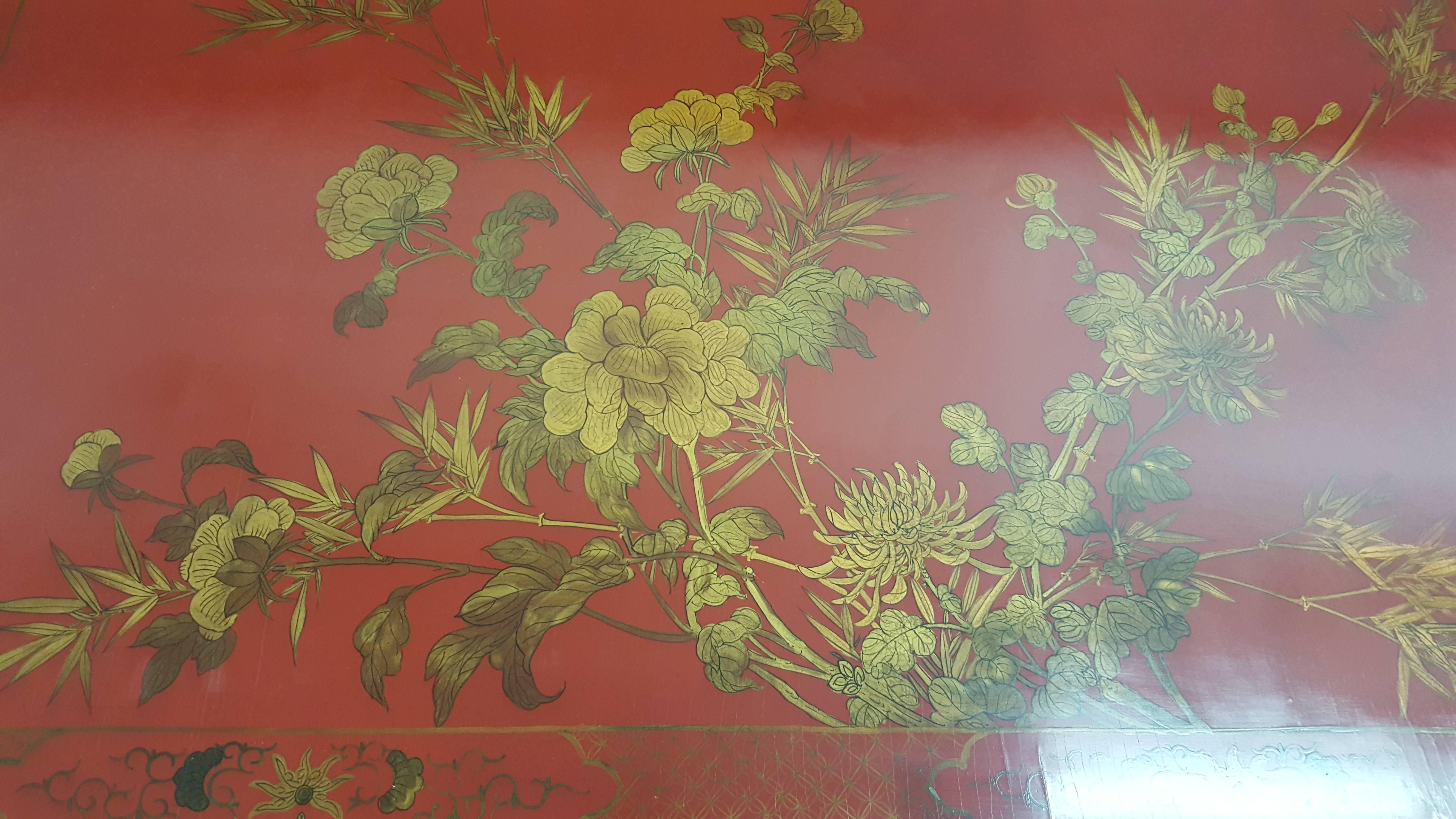 European Red Lacquered Chinoiserie Coffee Table with Hand-Painted Top