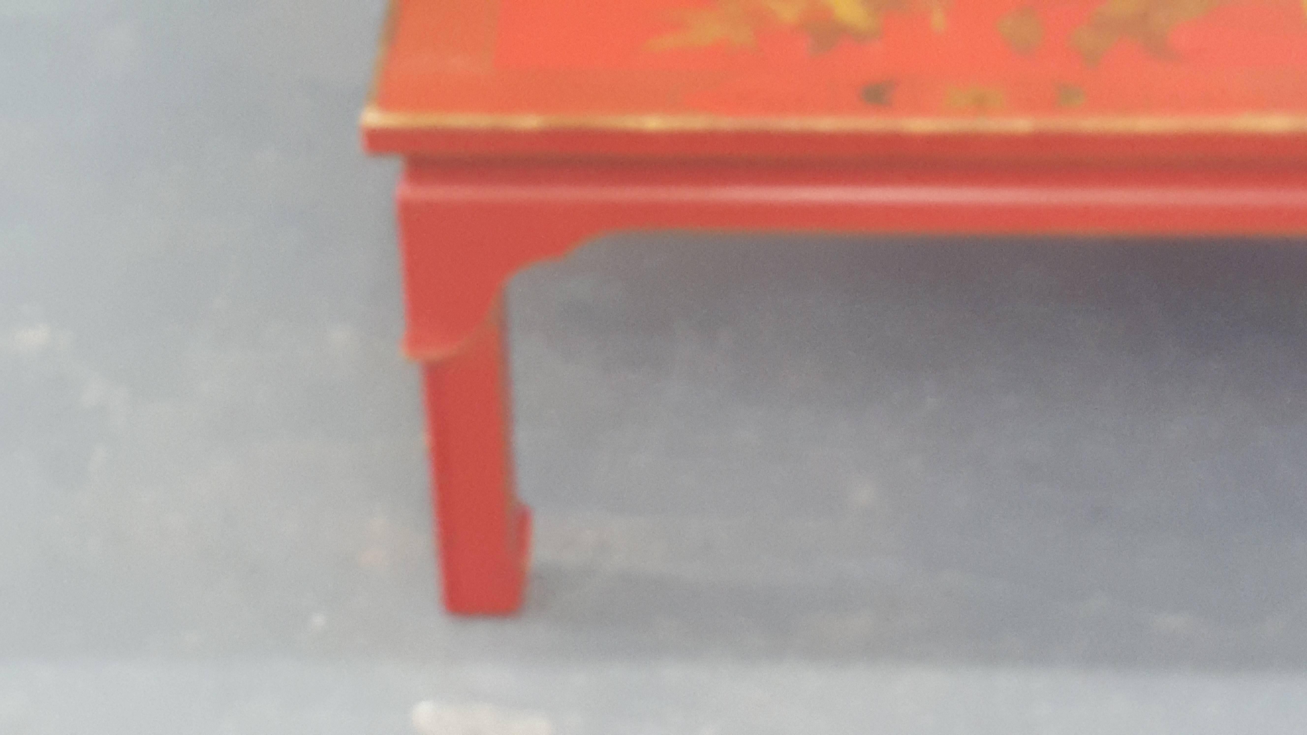 Red Lacquered Chinoiserie Coffee Table with Hand-Painted Top In Excellent Condition In New York, NY