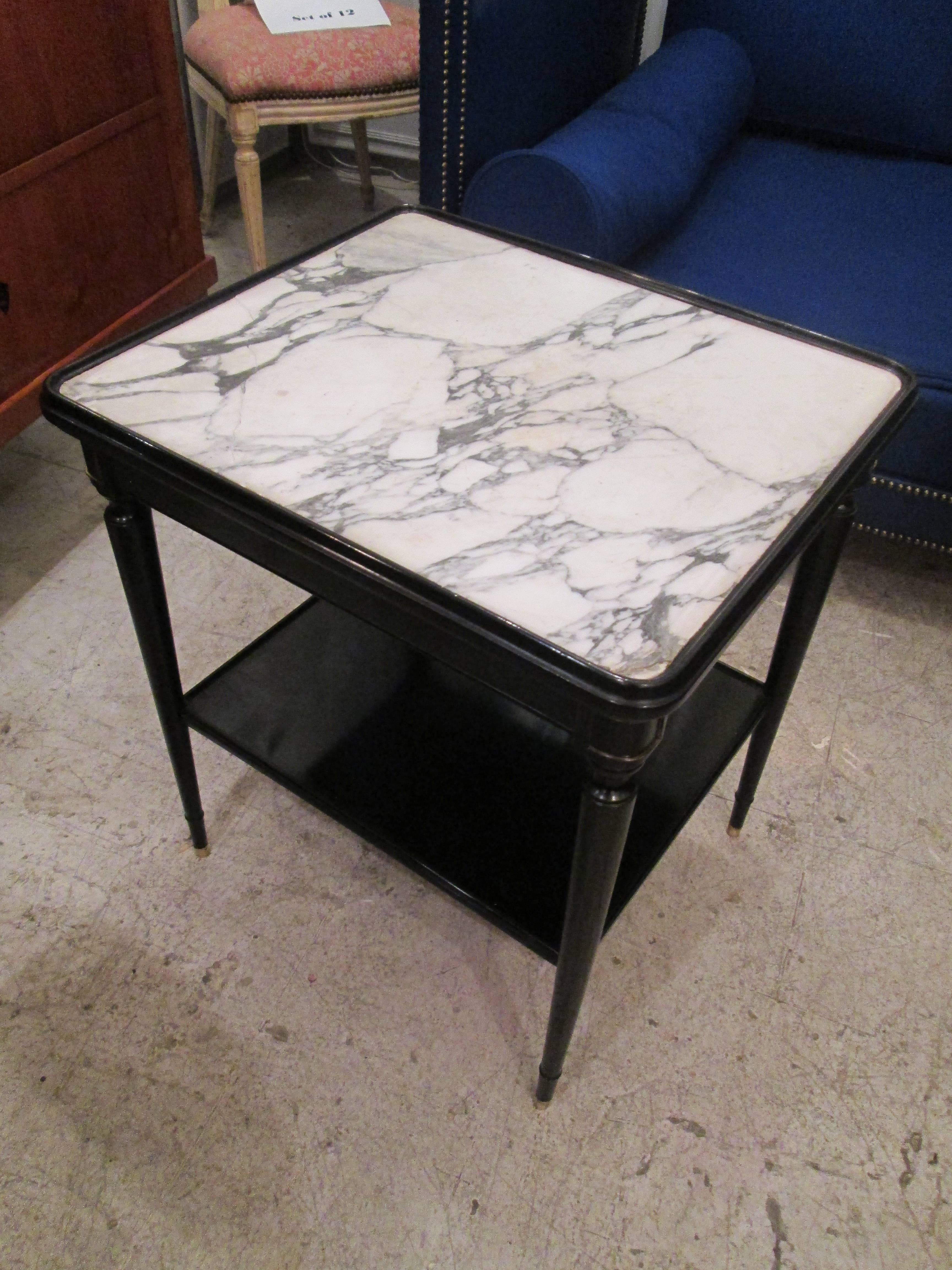 20th Century Pair of  French Ebonized Marble-Top Nightstands with Shelves