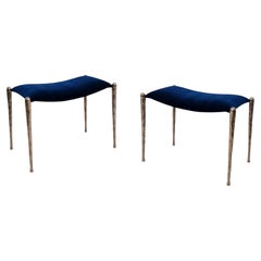 Bespoke Pair of Nickel-Plated Bronze Benches Upholstered in Velvet