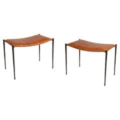 Bespoke Pair of Patinated Bronze Benches Upholstered in Leather