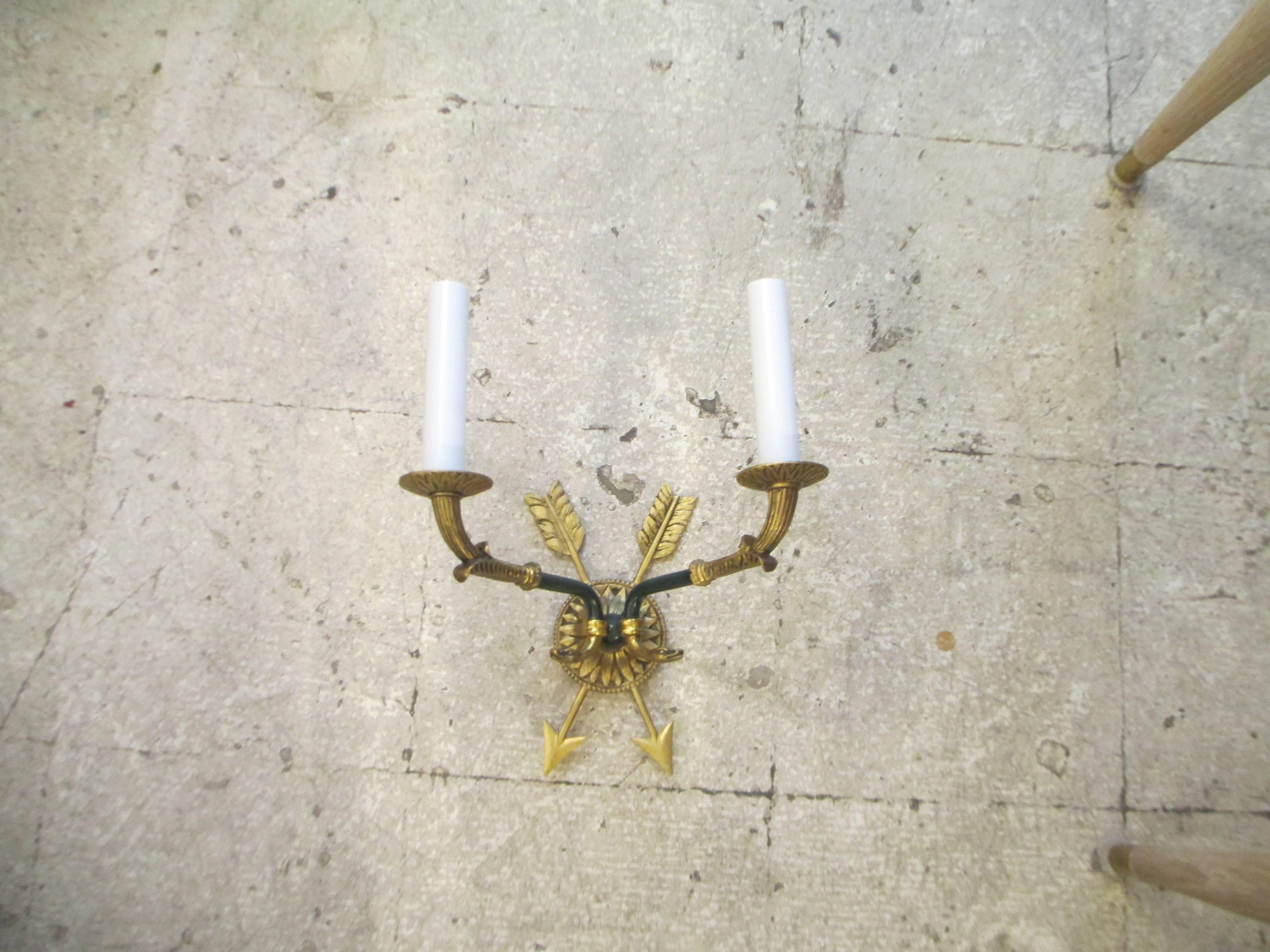 Pair of Directoire-Style Two-Arm Bronze Sconces In Excellent Condition For Sale In New York, NY