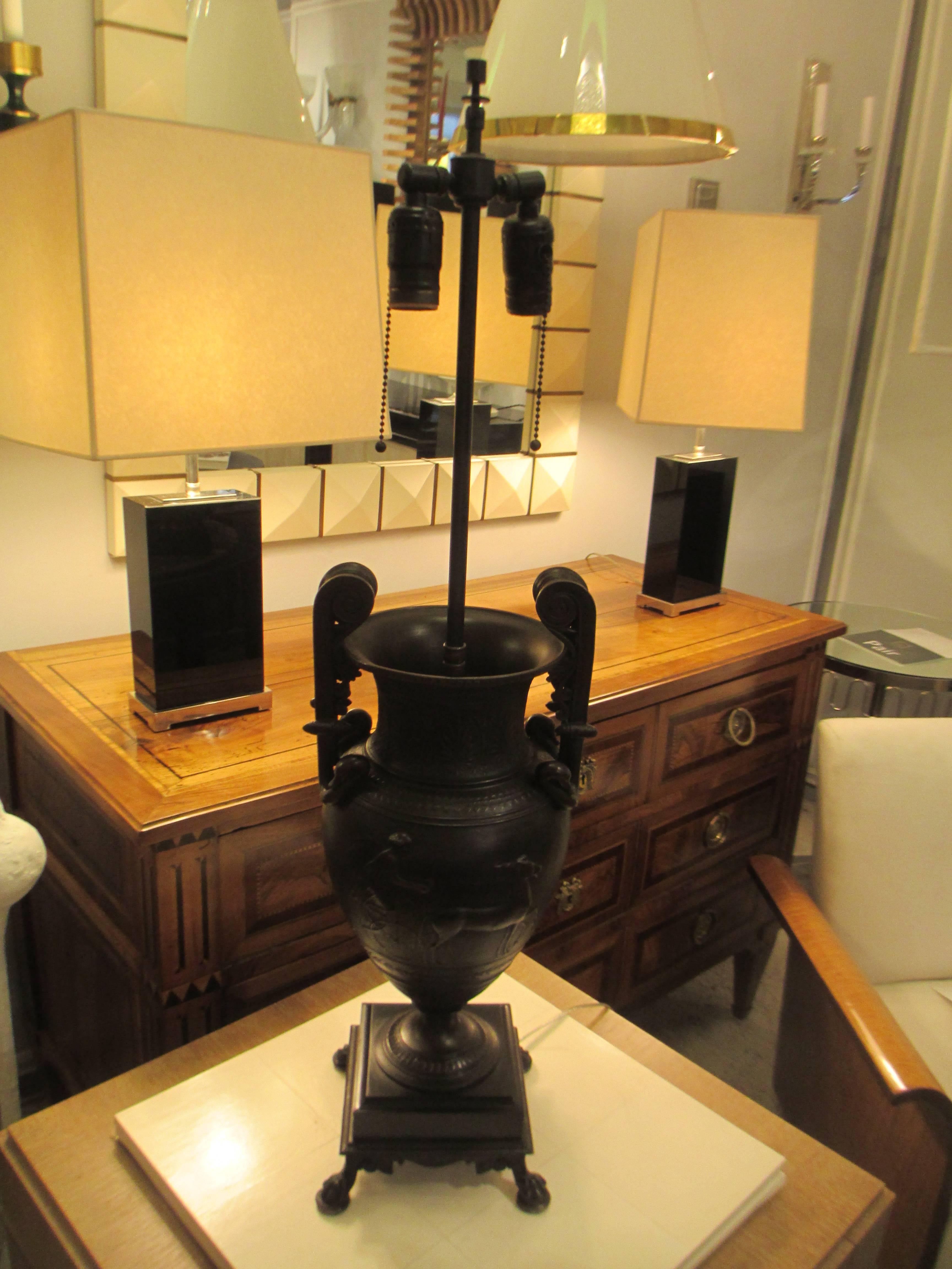 20th Century Pair of Empire Style Bronze Lamps