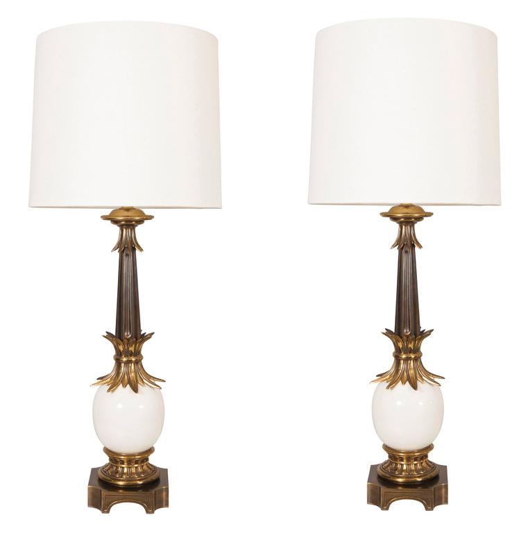 Pair Of Midcentury Modern Blue Ceramic Stiffel Lamps With Original Pair Of Stiffel Ostrich Egg Lamps With Linen Shades